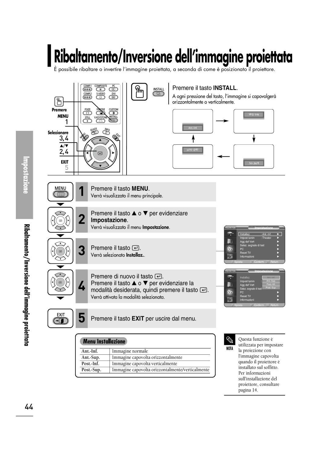 Samsung SPH710AEMX/EDC, SPH700AEX/XEF, SPH500AEX/XEF, SPH500AEX/XEG manual Ribaltamento/Inversione dell’immagine proiettata 