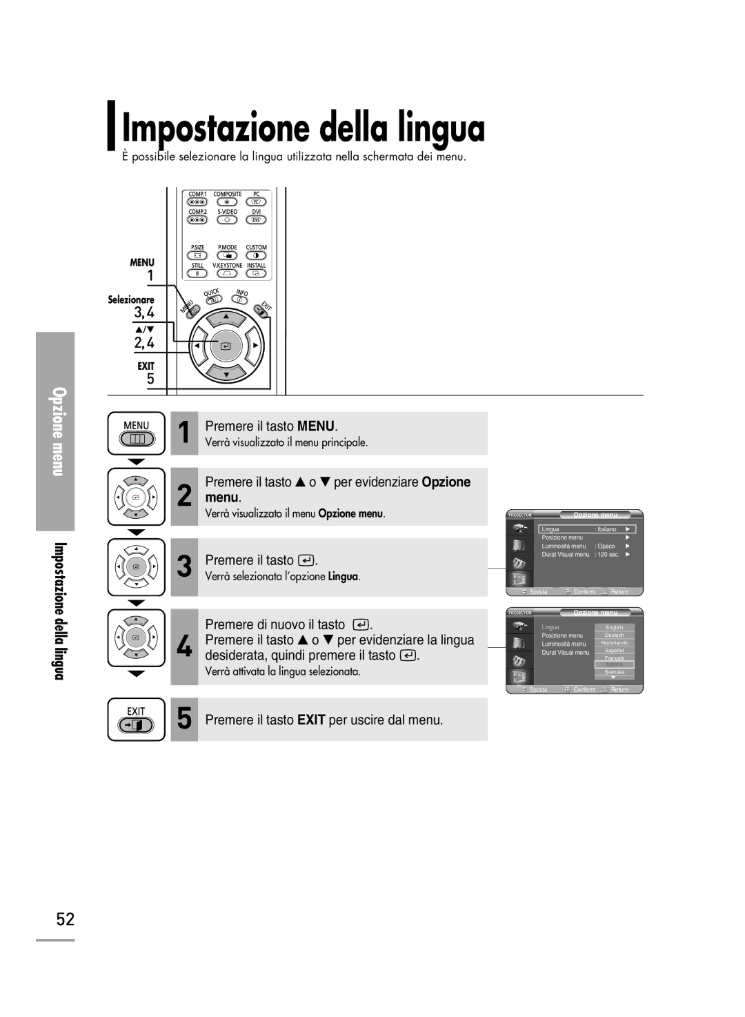 Samsung SPH710AEMX/EDC, SPH700AEX/XEF, SPH500AEX/XEF, SPH500AEX/XEG manual Impostazione della lingua 