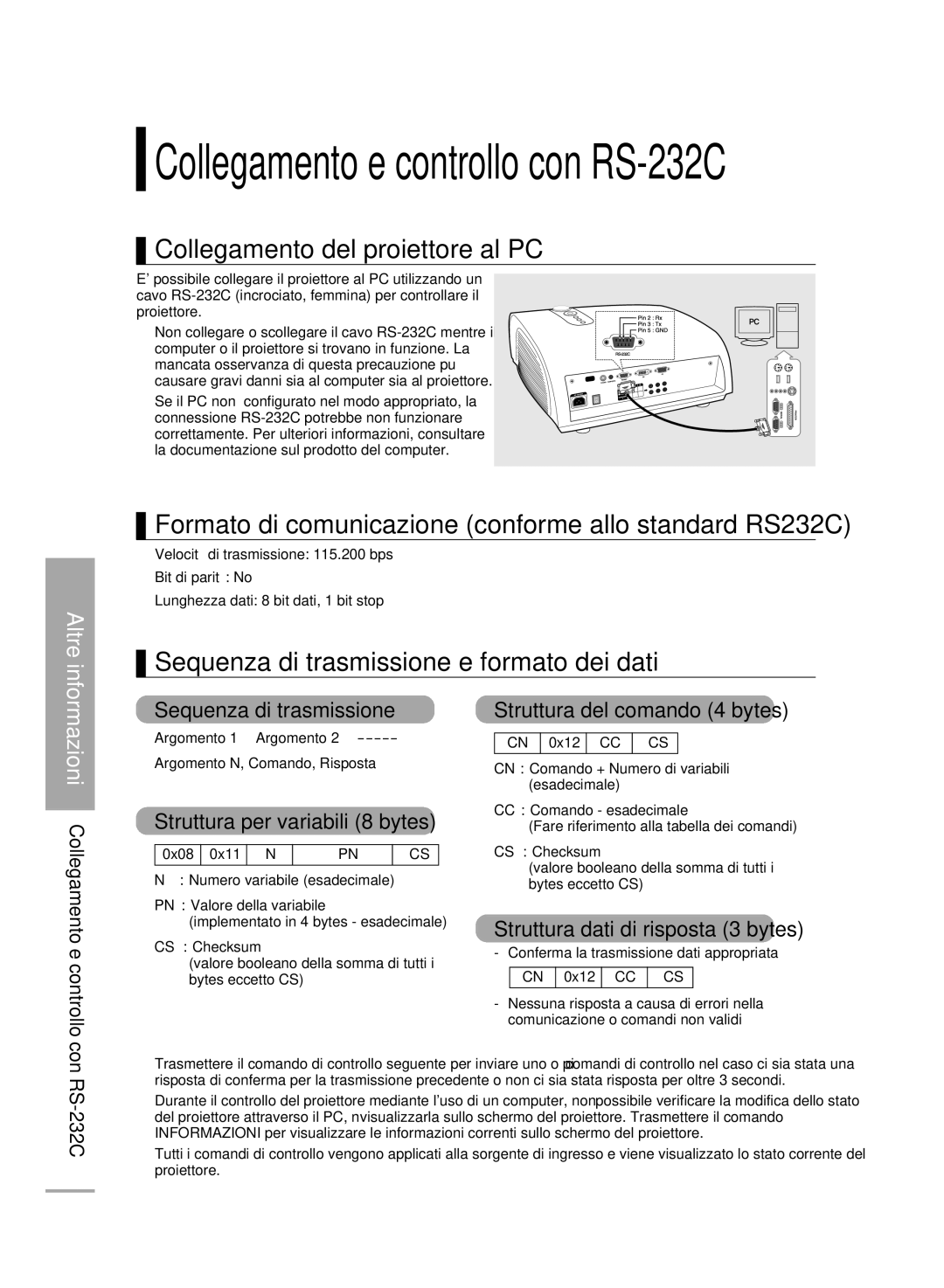 Samsung SPH500AEX/XEF manual Collegamento del proiettore al PC, Formato di comunicazione conforme allo standard RS232C 