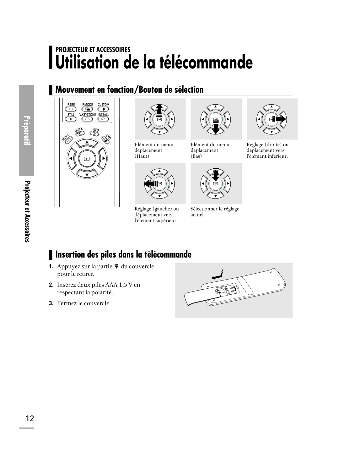 Samsung SPH710AEMX/EDC manual Utilisation de la télécommande, Mouvement en fonction/Bouton de sélection 