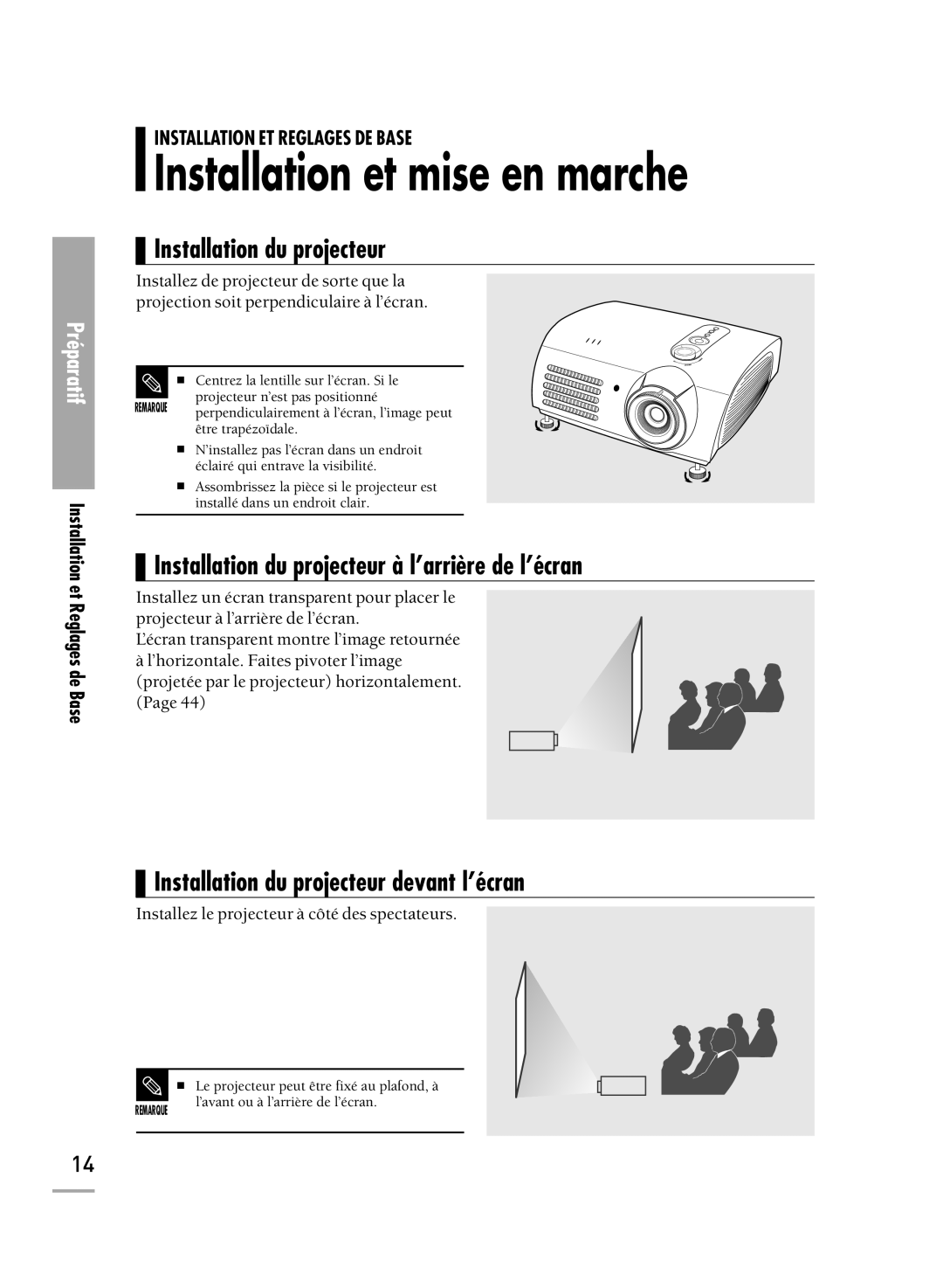 Samsung SPH710AEMX/EDC manual Installation et mise en marche, Installation du projecteur, Installation et Reglages de Base 