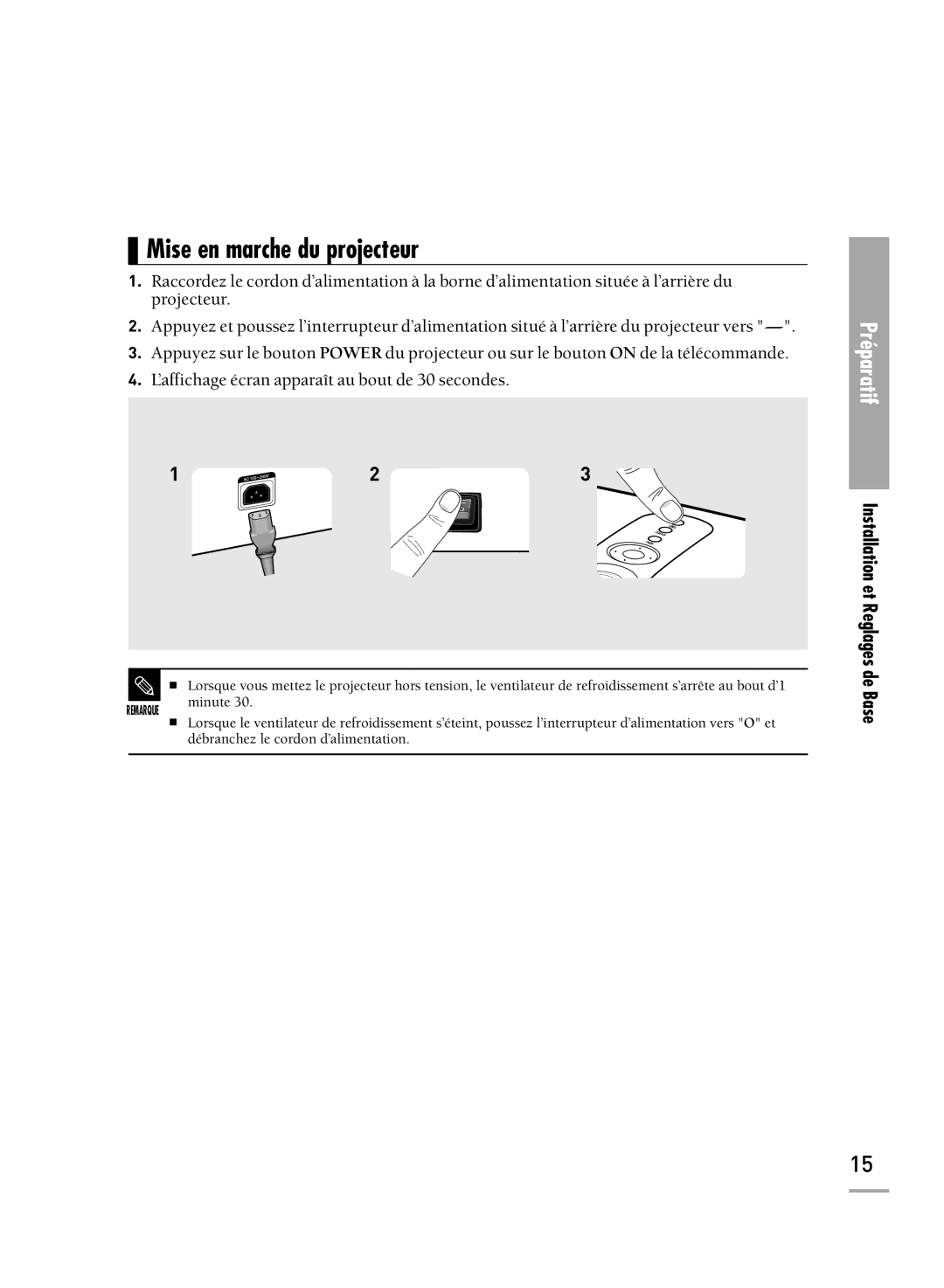 Samsung SPH710AEMX/EDC manual Mise en marche du projecteur, Minute 