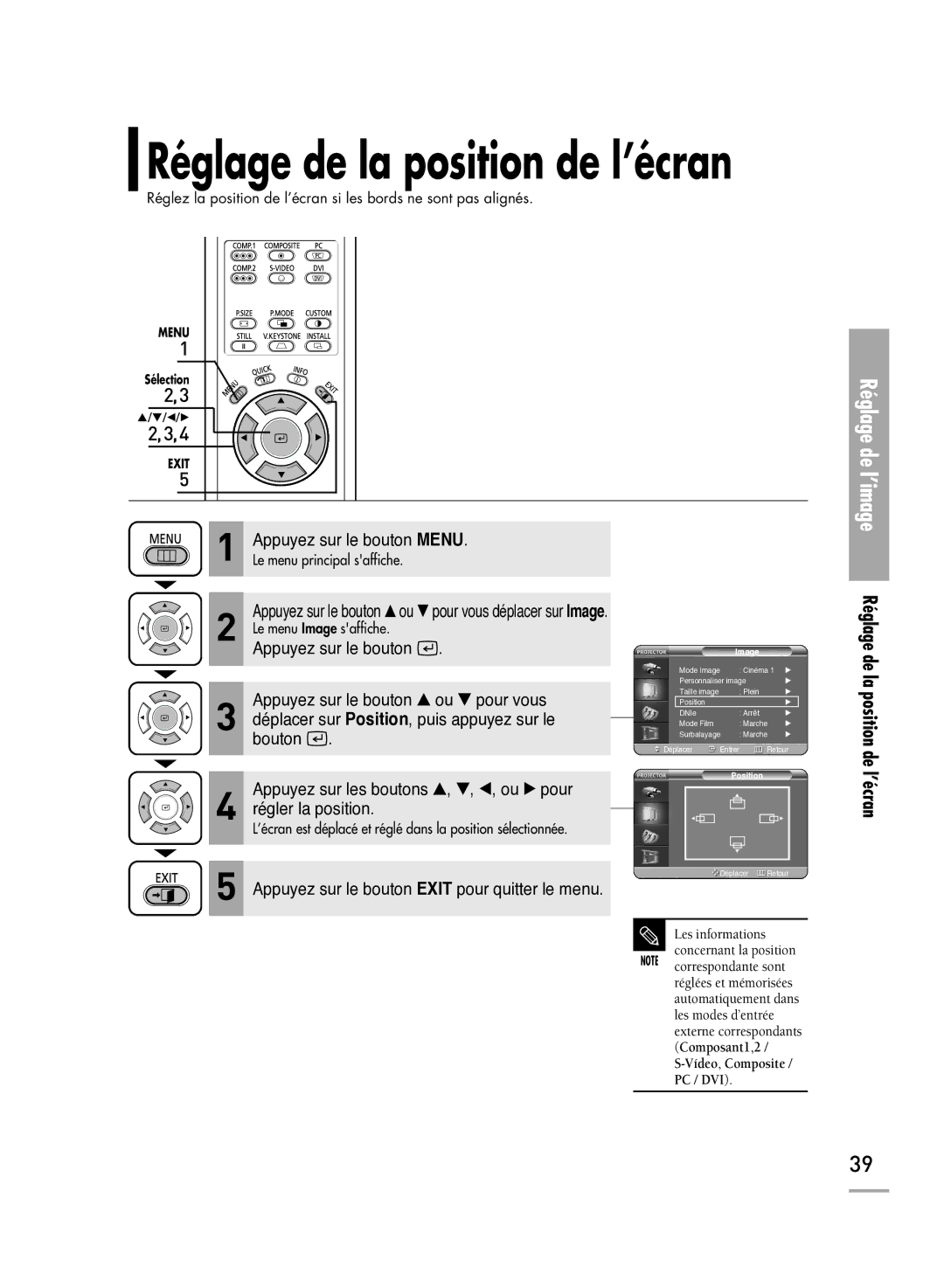 Samsung SPH710AEMX/EDC manual Réglage de la position de l’écran 