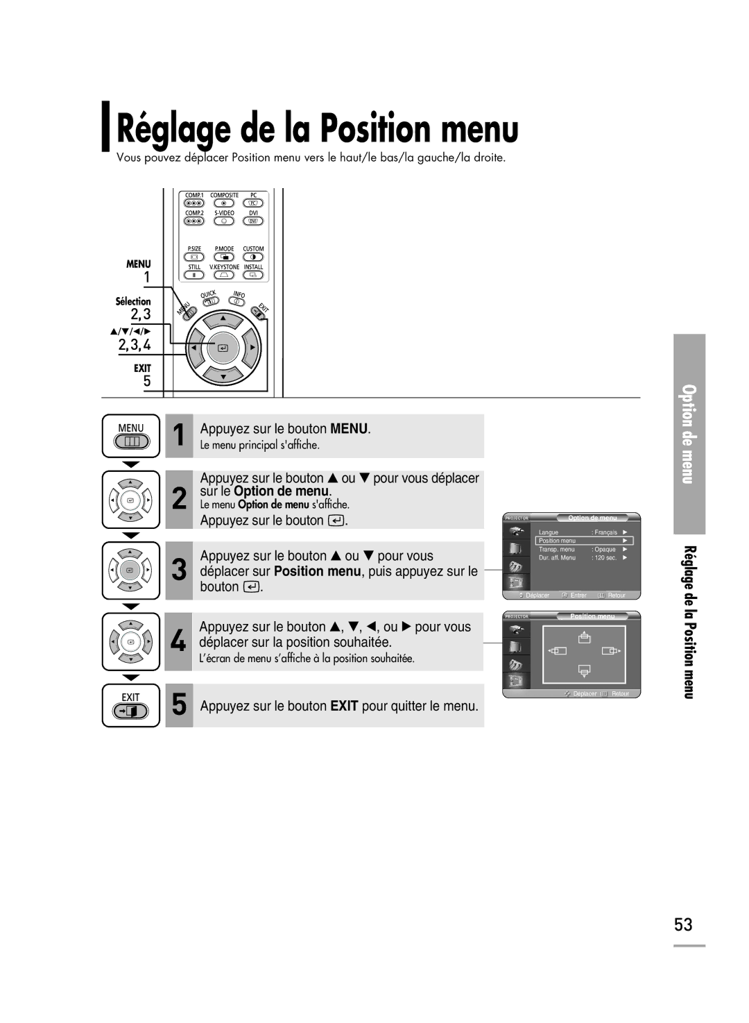 Samsung SPH710AEMX/EDC manual Réglage de la Position menu 