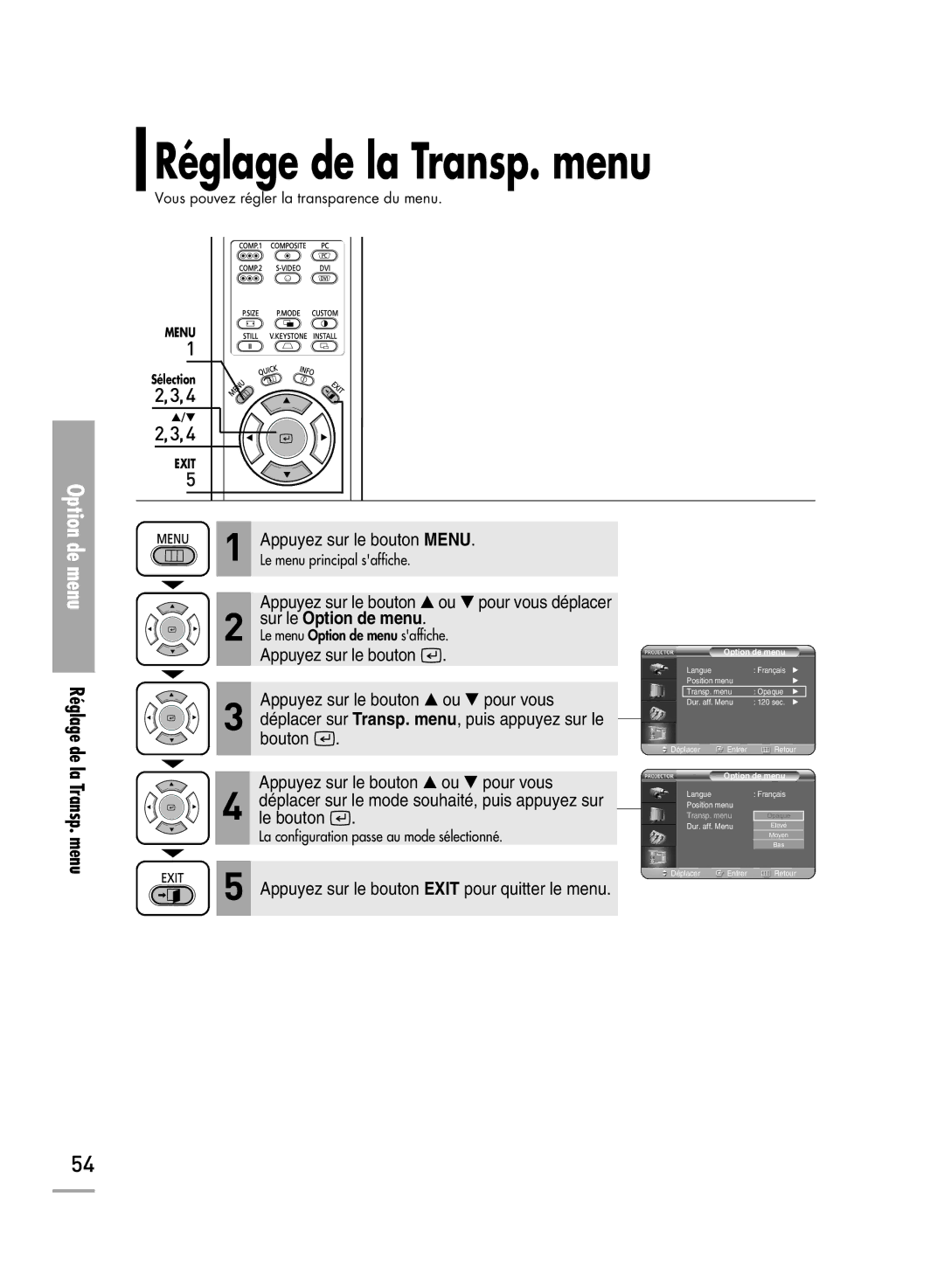 Samsung SPH710AEMX/EDC manual Réglage de la Transp. menu 