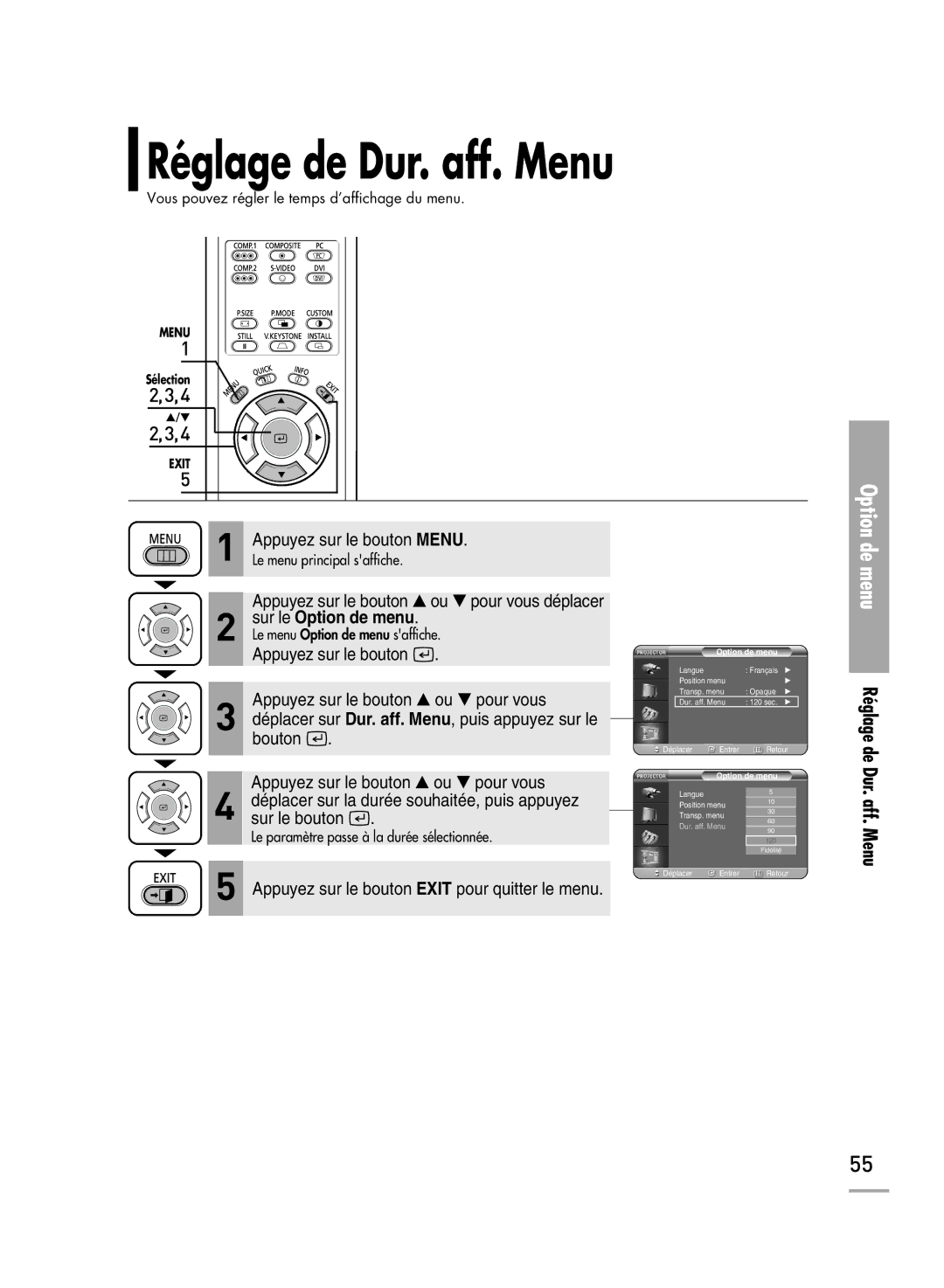 Samsung SPH710AEMX/EDC manual Réglage de Dur. aff. Menu 