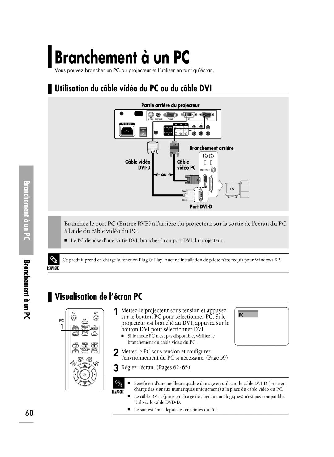 Samsung SPH710AEMX/EDC Branchement à un PC, Utilisation du câble vidéo du PC ou du câble DVI, Visualisation de l’écran PC 