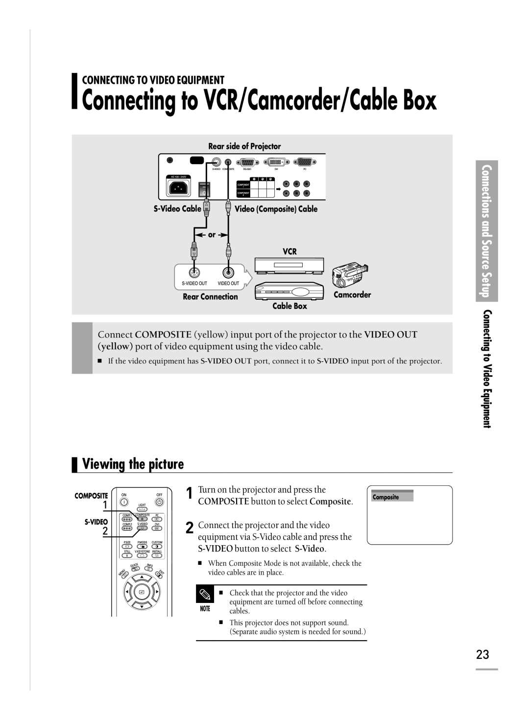 Samsung SPH710AEMX/EDC manual Connecting to VCR/Camcorder/Cable Box, Viewing the picture 