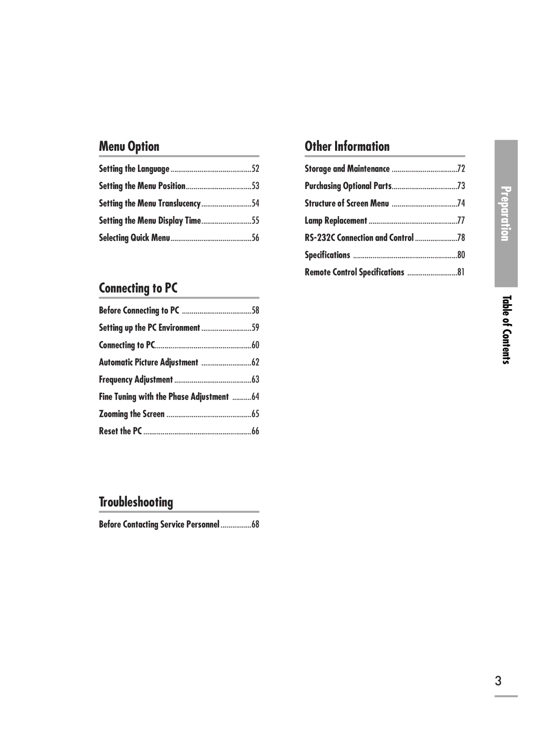 Samsung SPH710AEMX/EDC manual Menu Option, Table of Contents 