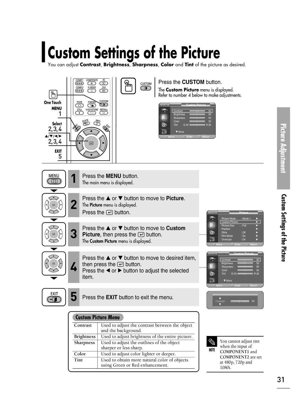 Samsung SPH710AEMX/EDC manual Custom Settings of the Picture, Custom Picture Menu 