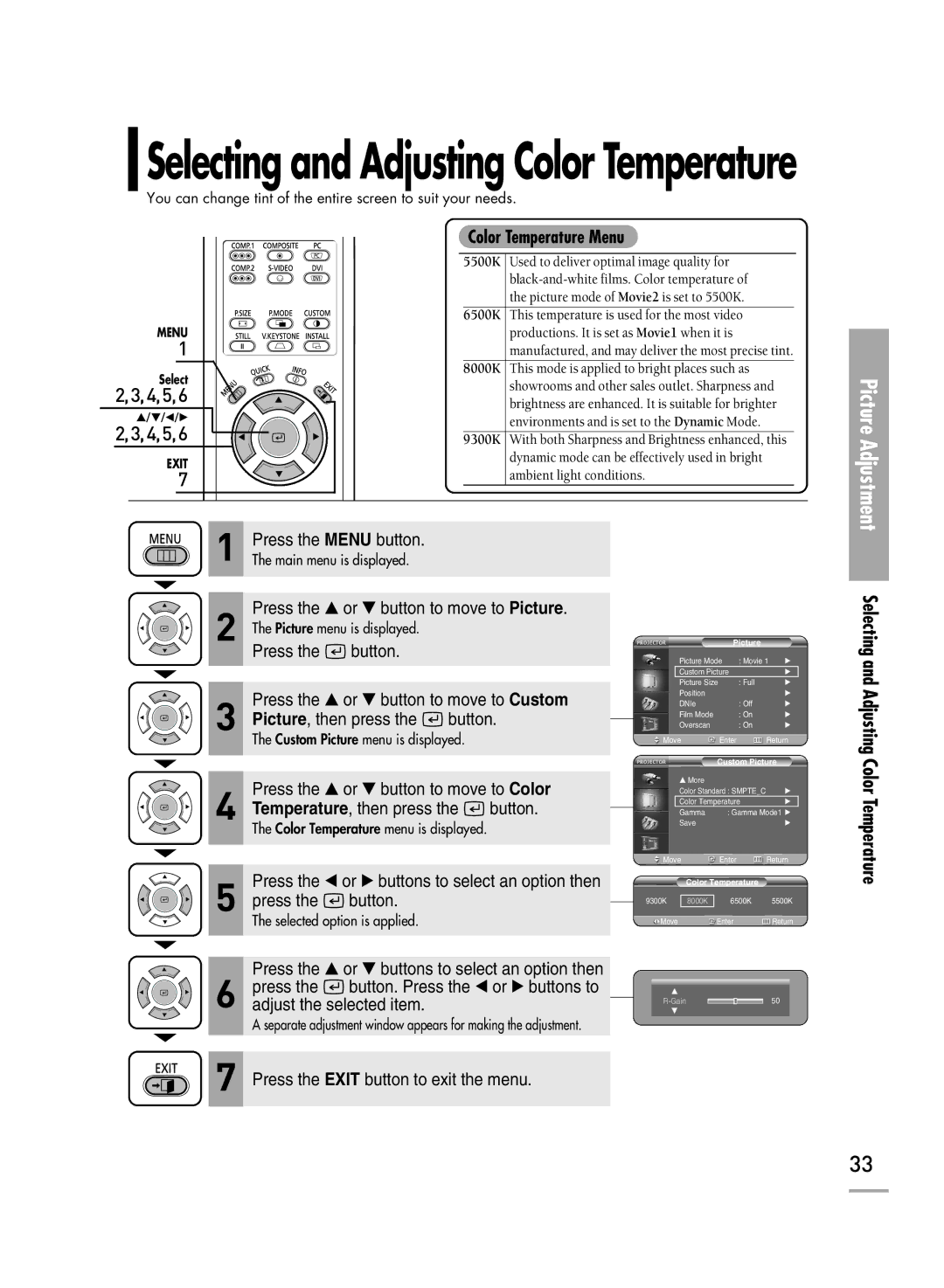 Samsung SPH710AEMX/EDC manual Selecting and Adjusting Color Temperature, Color Temperature Menu 