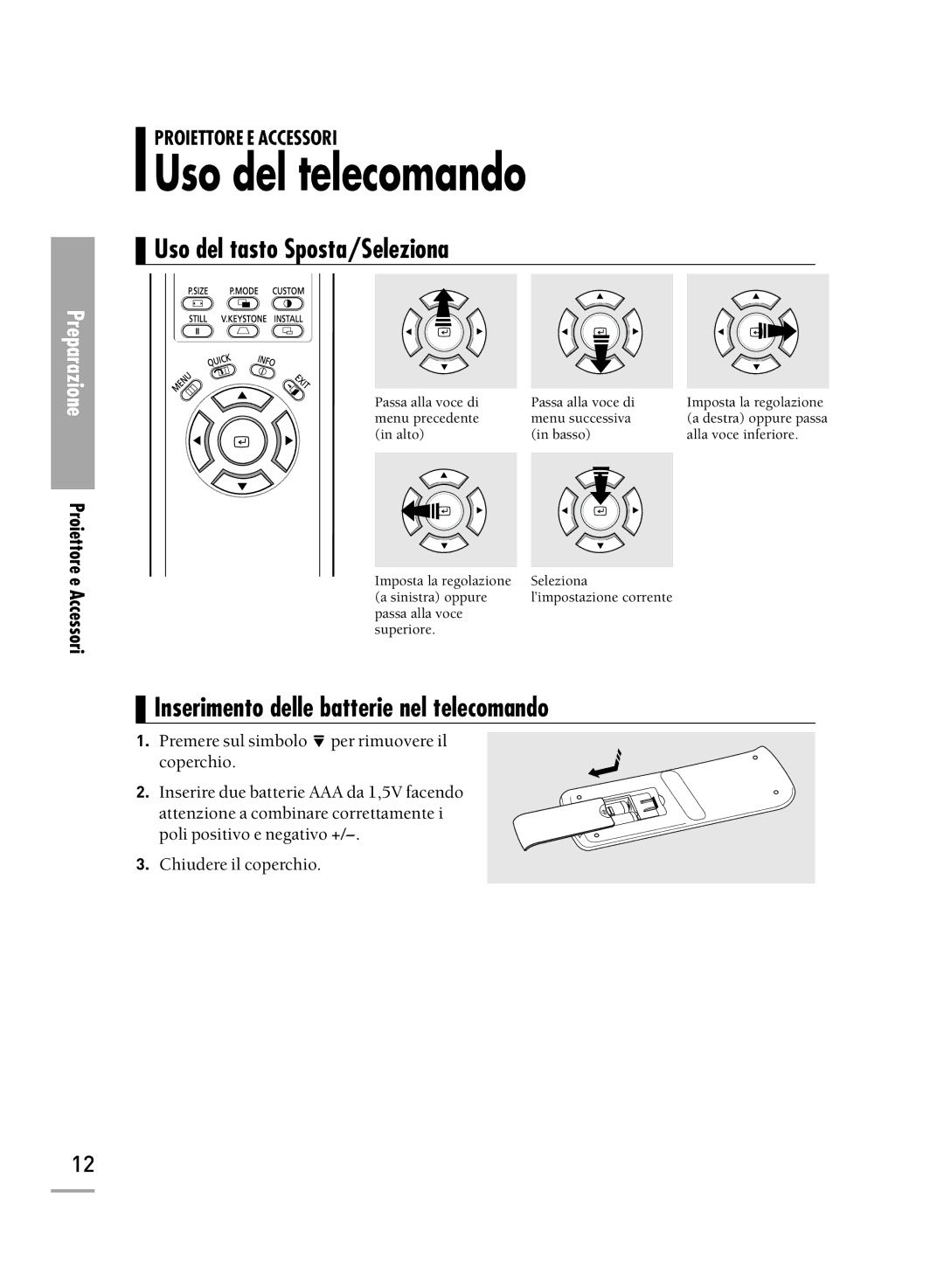 Samsung SPH710AEMX/EDC Uso del telecomando, Uso del tasto Sposta/Seleziona, Inserimento delle batterie nel telecomando 