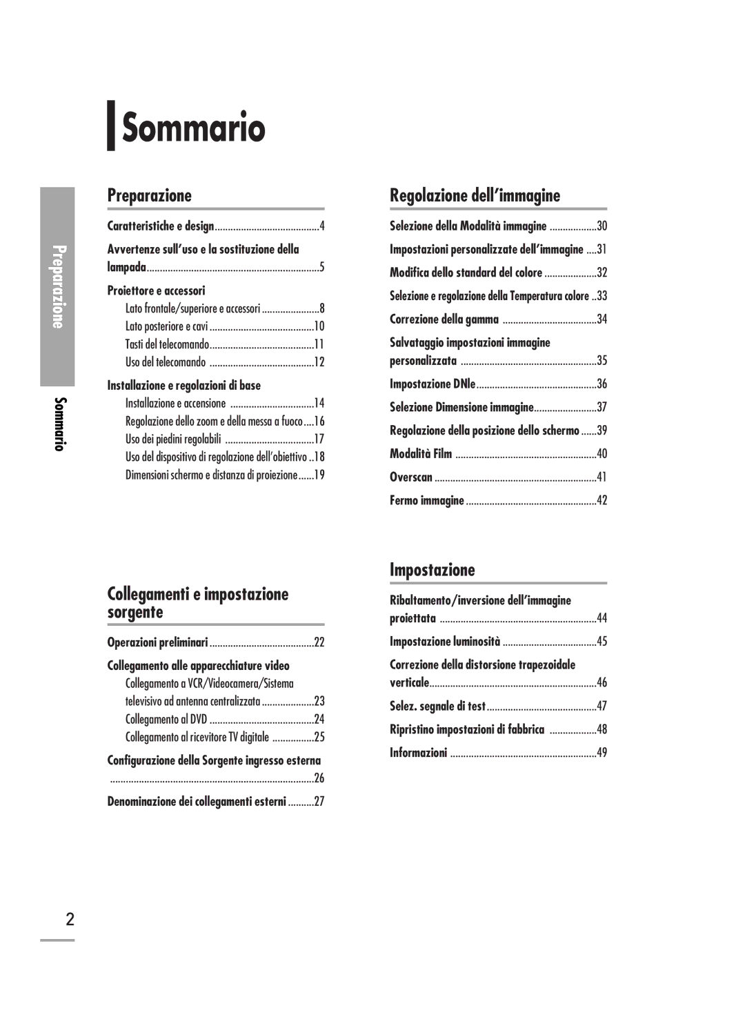 Samsung SPH710AEMX/EDC manual Sommario, Collegamenti e impostazione, Installazione e regolazioni di base 