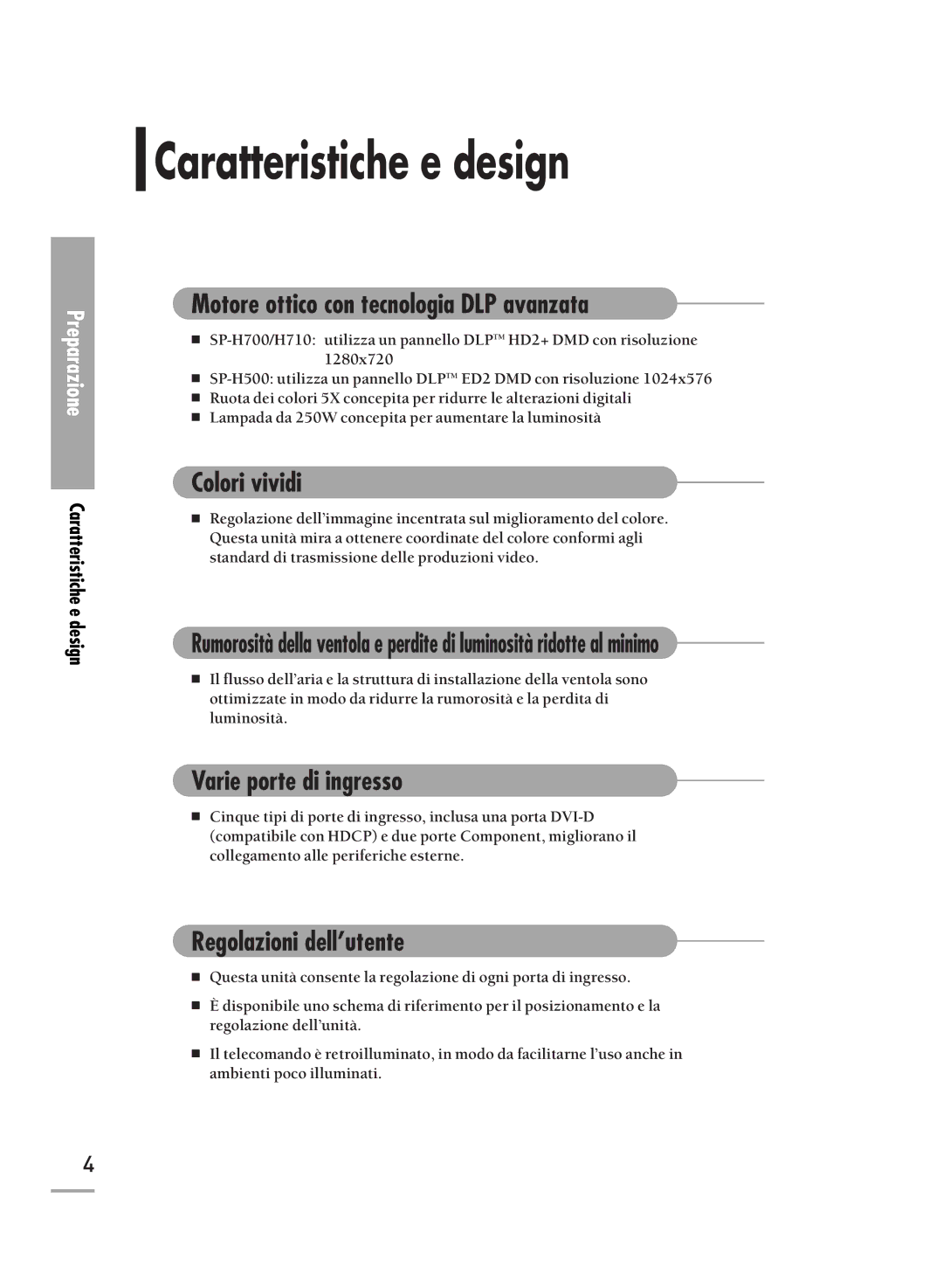 Samsung SPH710AEMX/EDC manual Caratteristiche e design, Motore ottico con tecnologia DLP avanzata, Colori vividi 