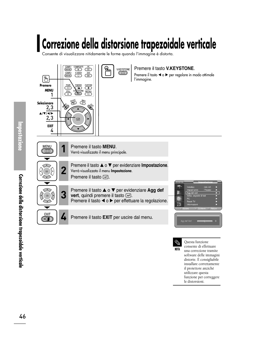 Samsung SPH710AEMX/EDC manual Correzione della distorsione trapezoidale verticale, Verticale 