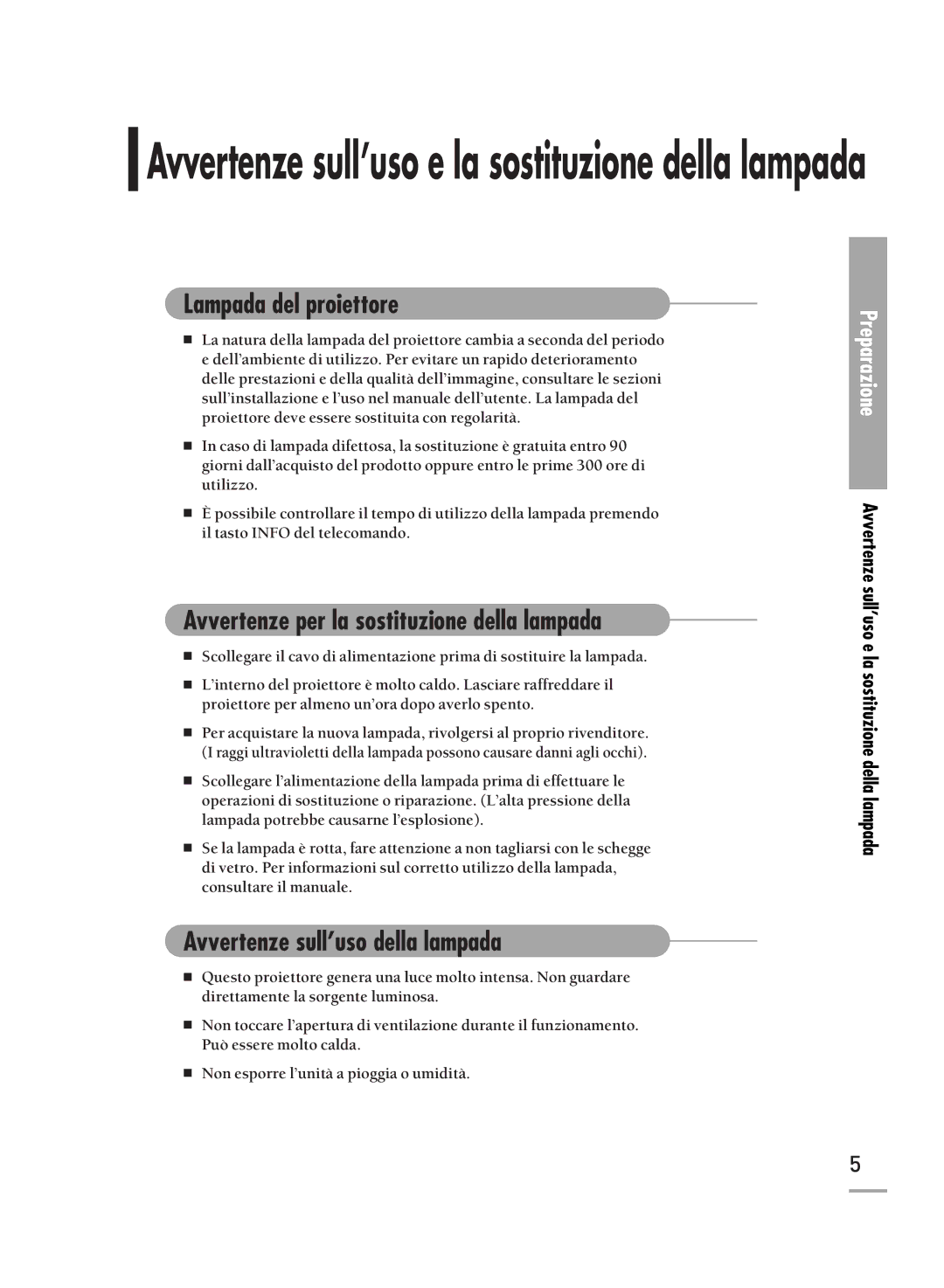 Samsung SPH710AEMX/EDC manual Lampada del proiettore, Avvertenze per la sostituzione della lampada 