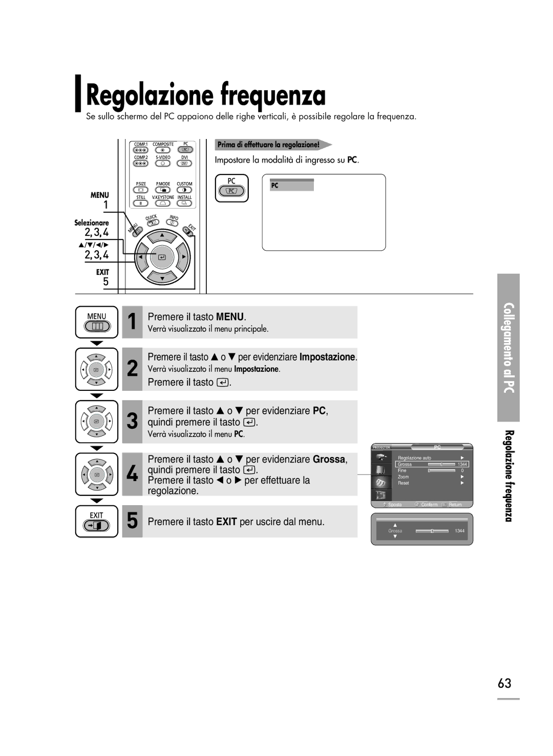 Samsung SPH710AEMX/EDC manual Collegamento al PC Regolazione frequenza 