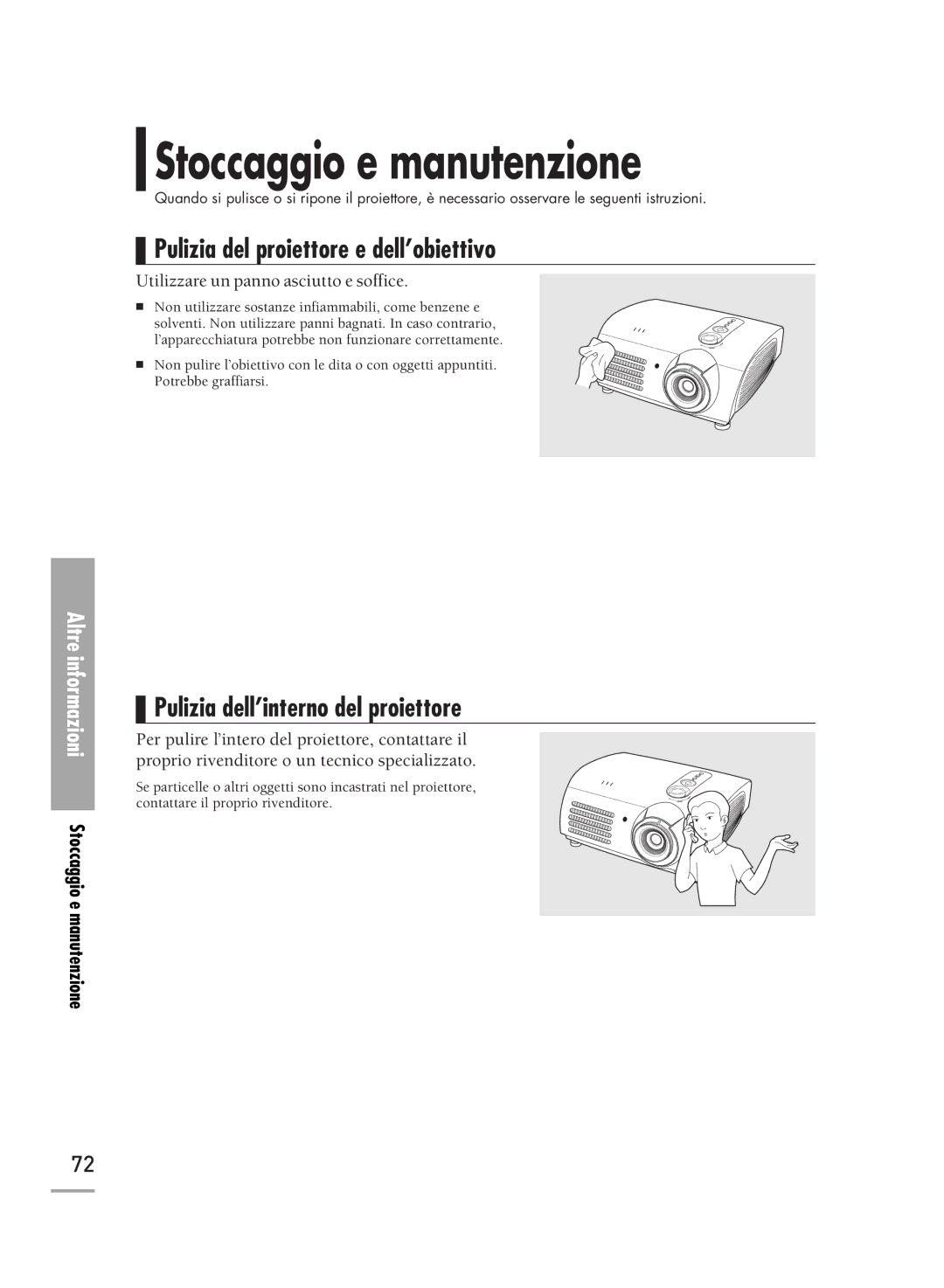 Samsung SPH710AEMX/EDC manual Stoccaggio e manutenzione, Pulizia del proiettore e dell’obiettivo 