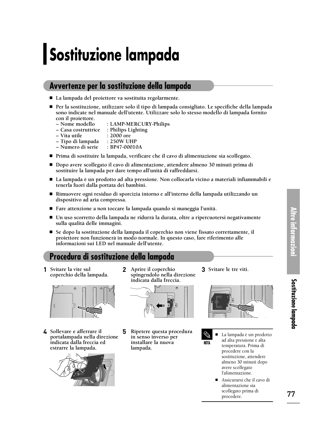 Samsung SPH710AEMX/EDC manual Sostituzione lampada, Procedura di sostituzione della lampada 