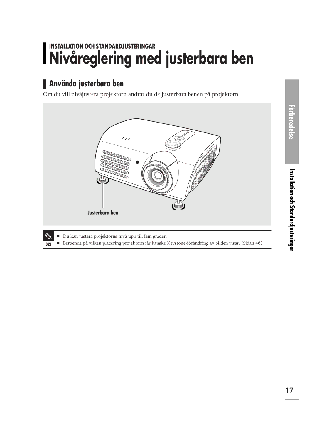 Samsung SPH710AEMX/EDC manual Nivåreglering med justerbara ben, Använda justerbara ben 