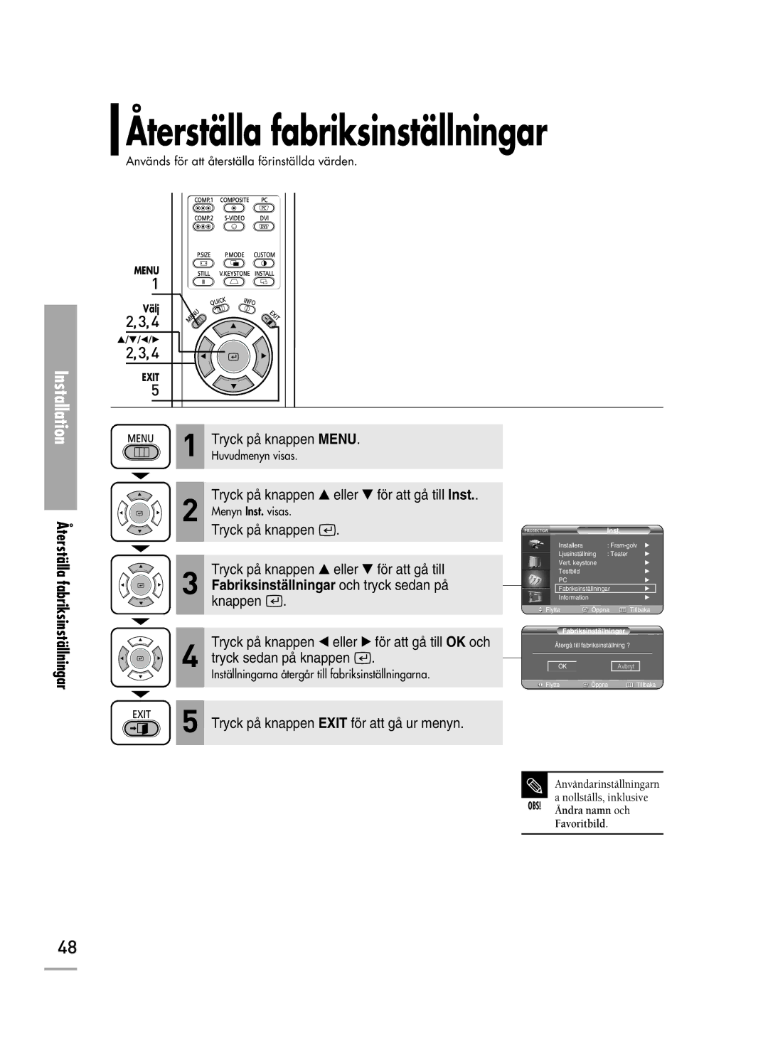 Samsung SPH710AEMX/EDC manual Återställa fabriksinställningar, Fabriksinställningar 