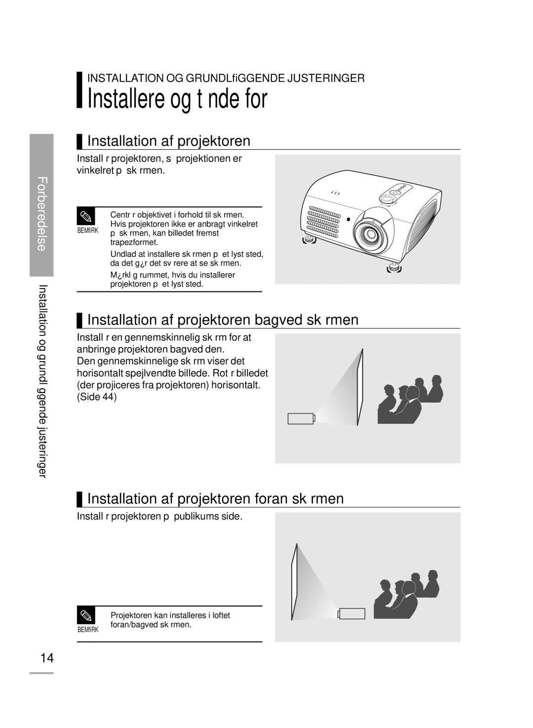 Samsung SPH710AEMX/EDC manual Installere og tænde for, Installation af projektoren bagved skærmen 