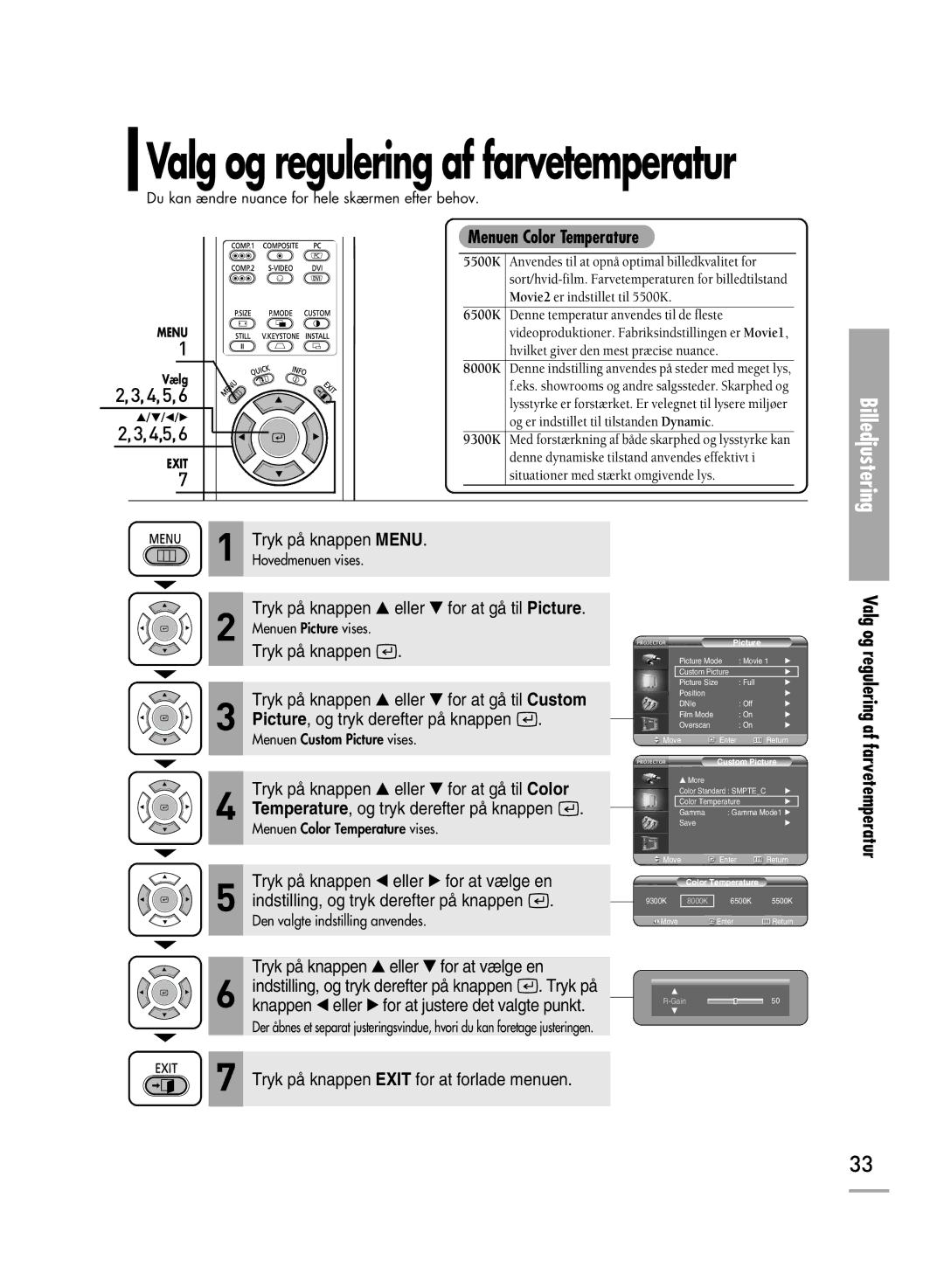 Samsung SPH710AEMX/EDC manual Valg og regulering af farvetemperatur, Menuen Color Temperature 