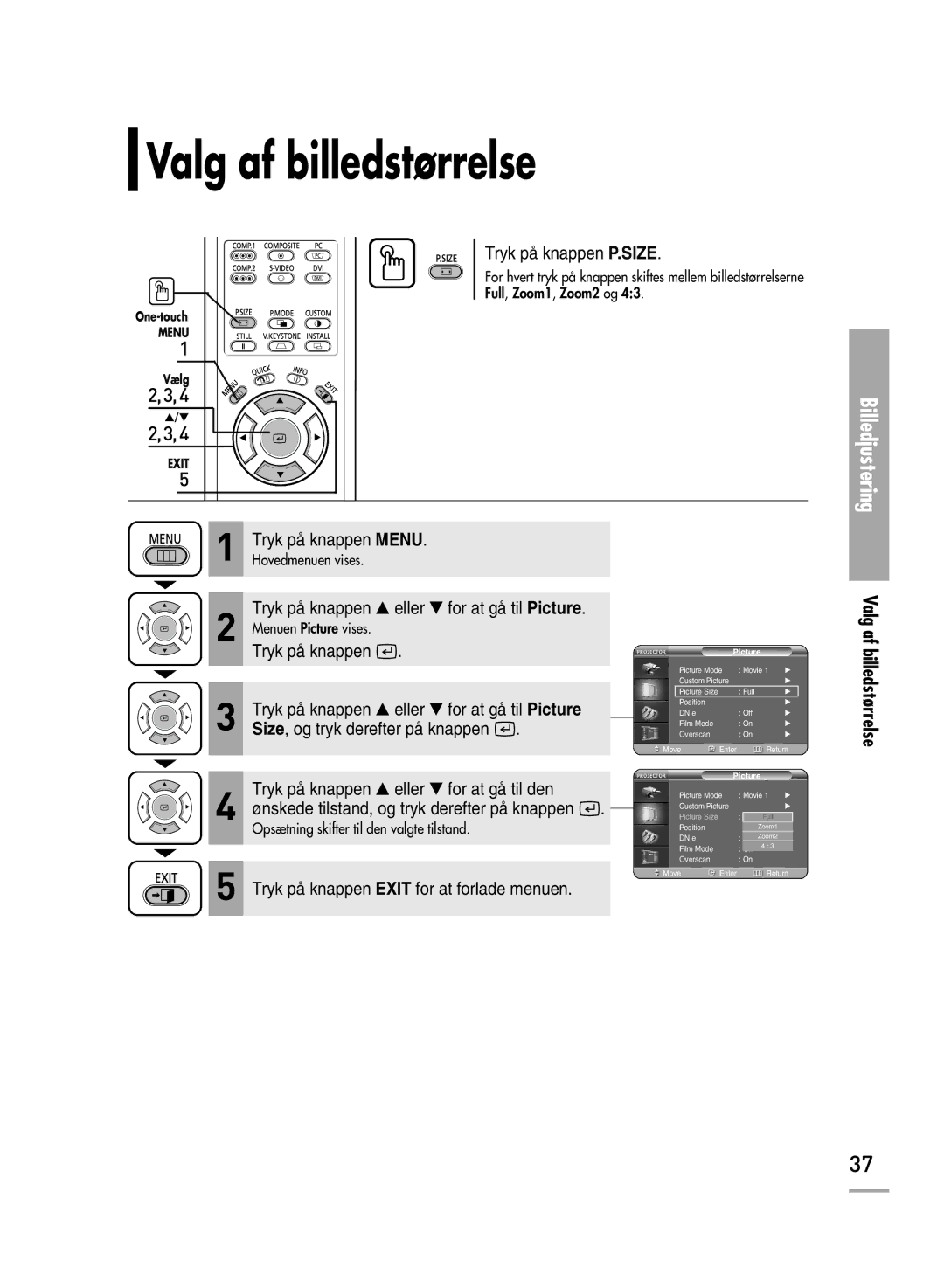 Samsung SPH710AEMX/EDC manual Valg af billedstørrelse, Tryk på knappen P.SIZE 