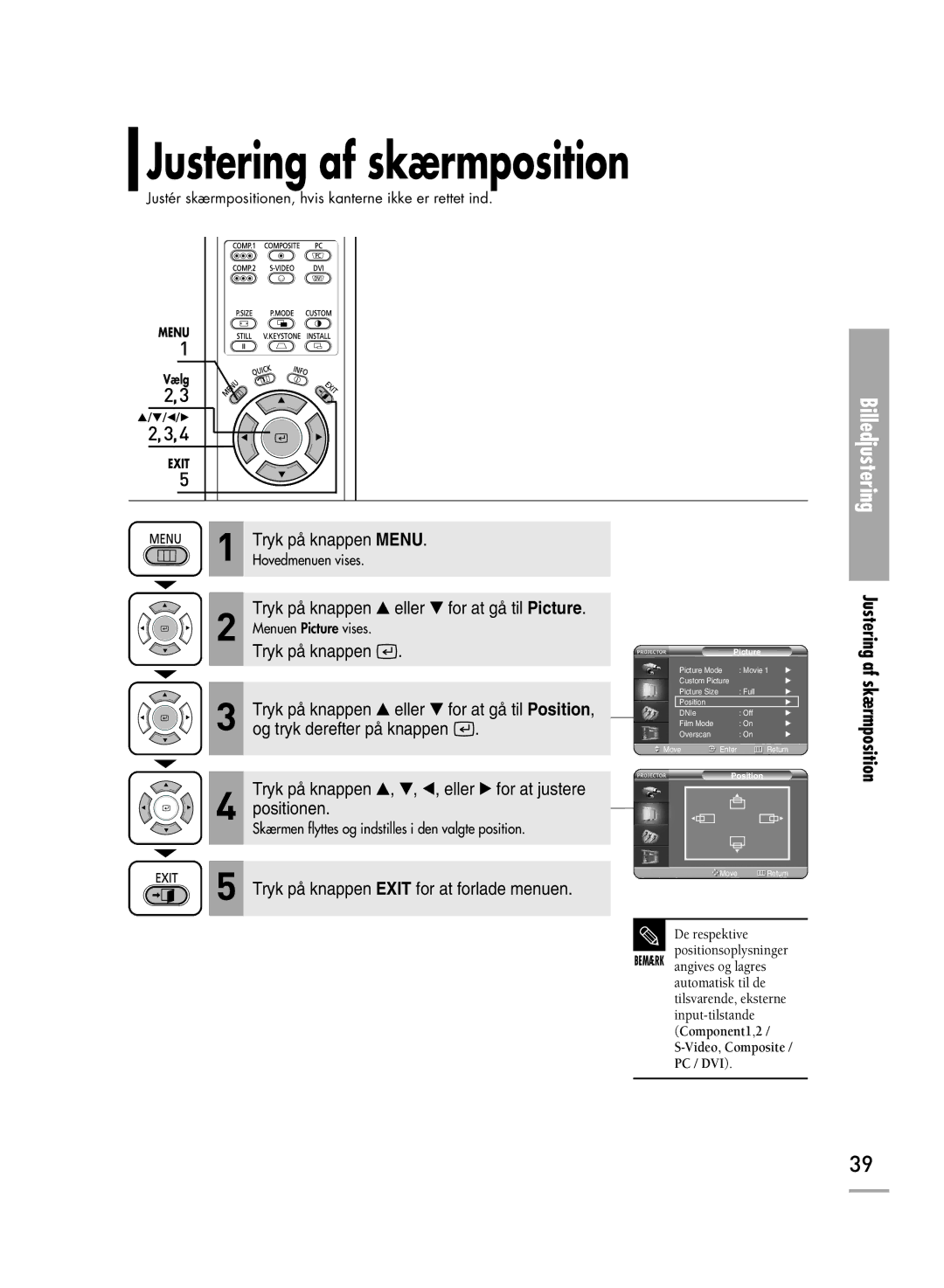 Samsung SPH710AEMX/EDC manual Justering af skærmposition 