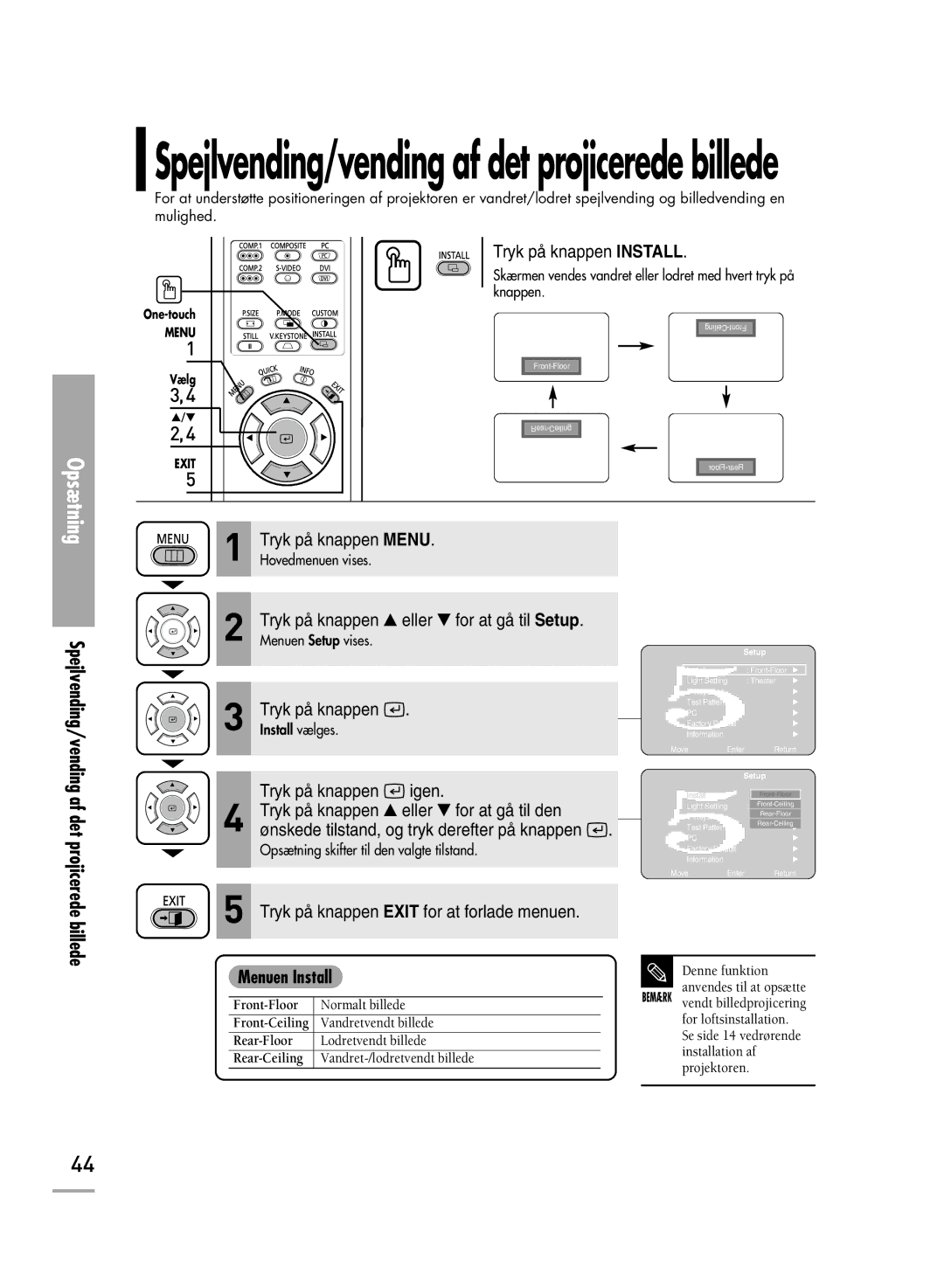 Samsung SPH710AEMX/EDC manual Spejlvending/vending af det projicerede billede, Tryk på knappen Install, Menuen Install 