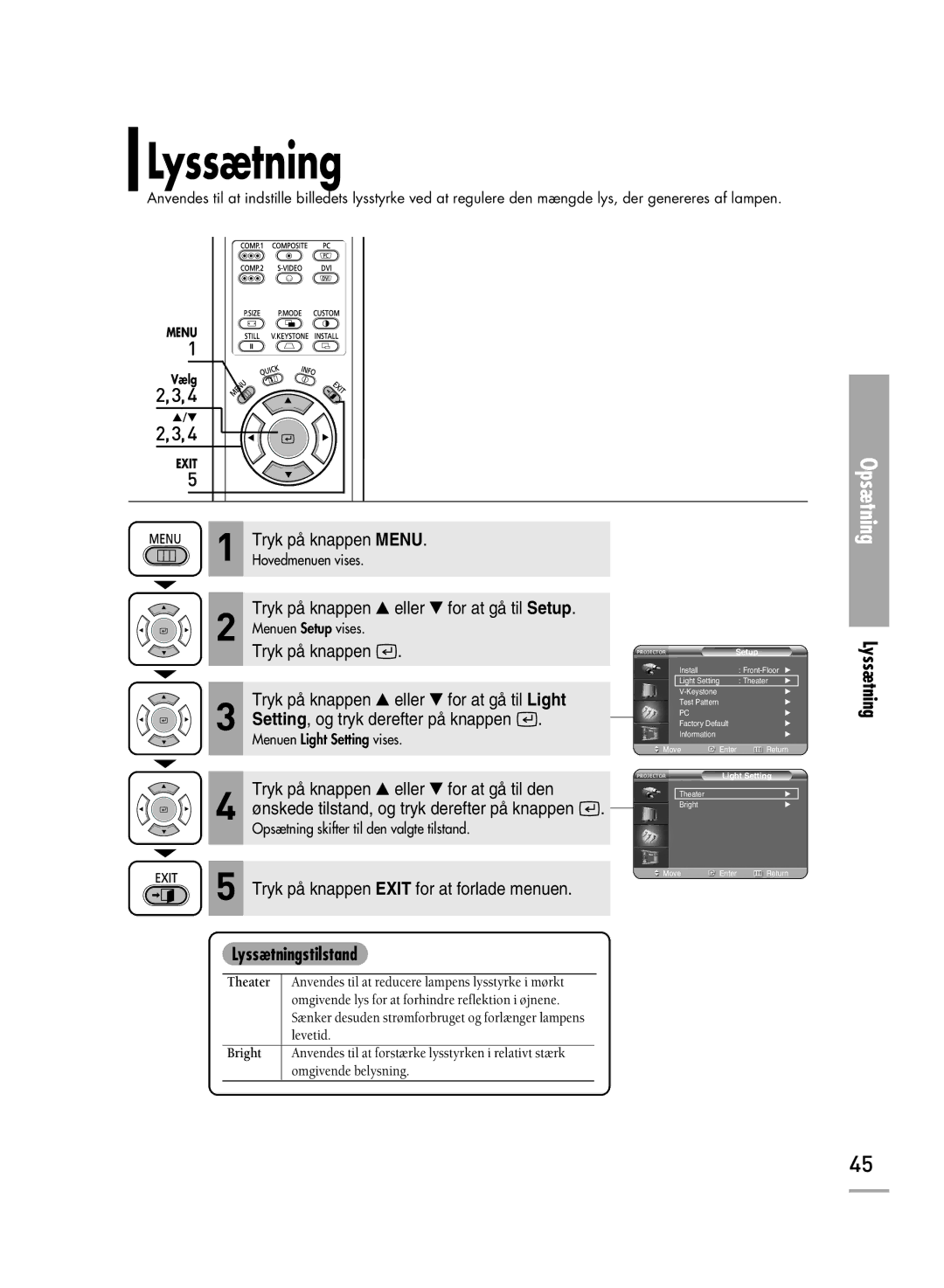 Samsung SPH710AEMX/EDC manual Tryk på knappen eller for at gå til Setup, Lyssætningstilstand 