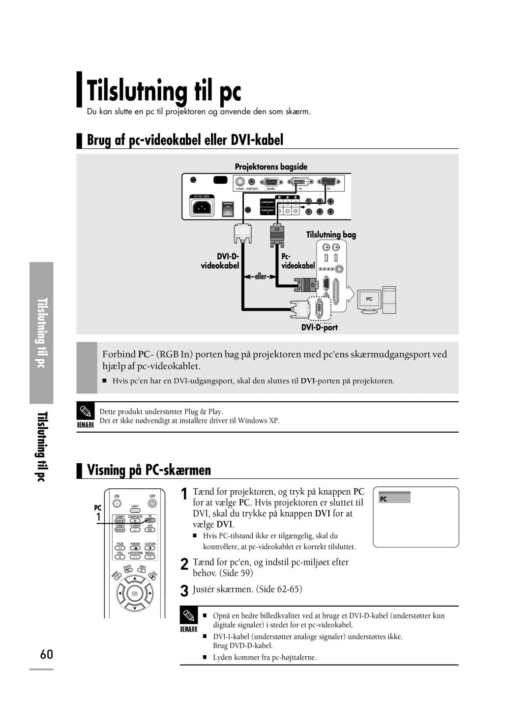 Samsung SPH710AEMX/EDC manual Tilslutning til pc, Brug af pc-videokabel eller DVI-kabel, Visning på PC-skærmen 