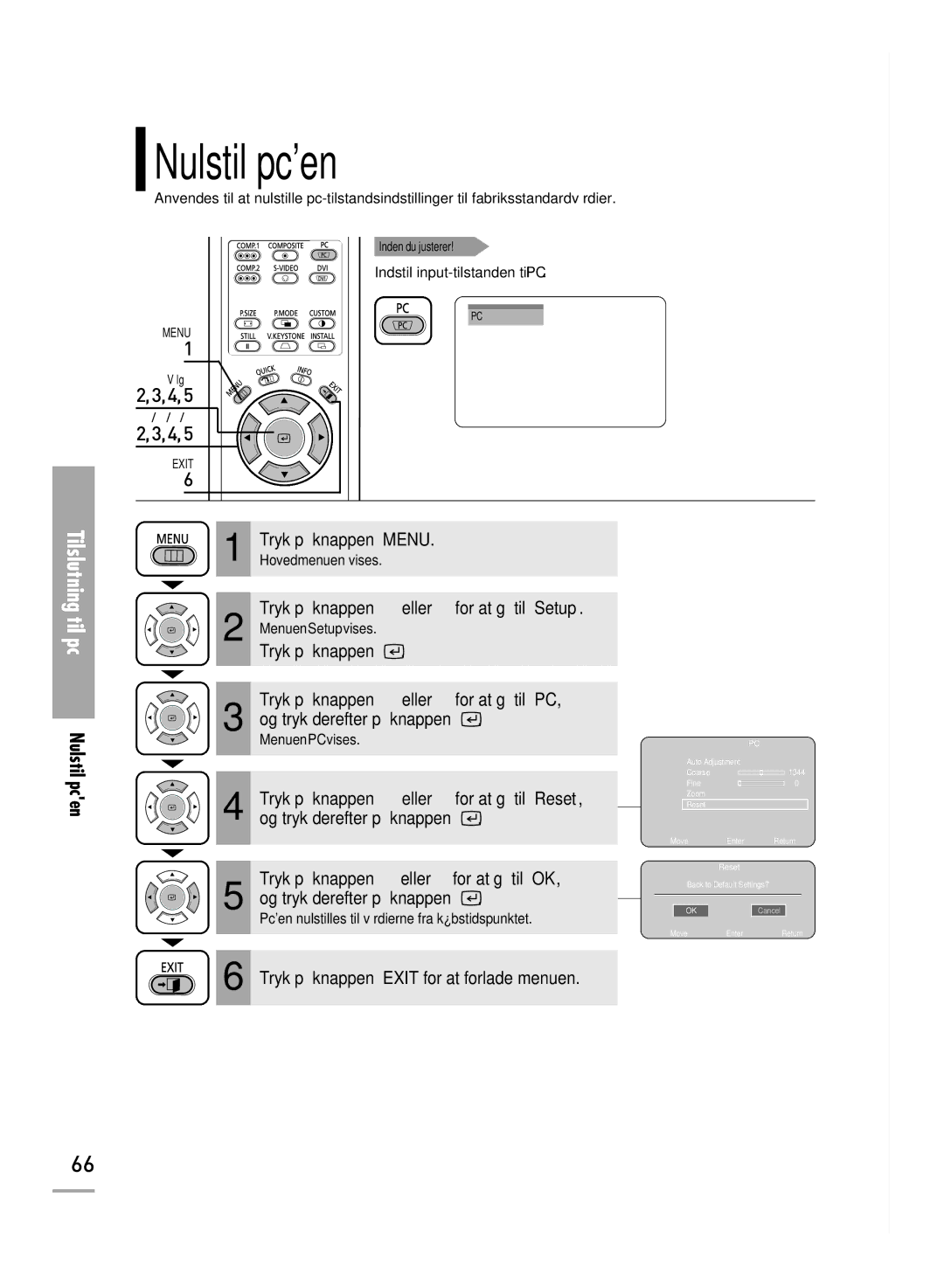 Samsung SPH710AEMX/EDC manual Nulstil pcen, Tryk på knappen œ eller √ for at gå til OK 