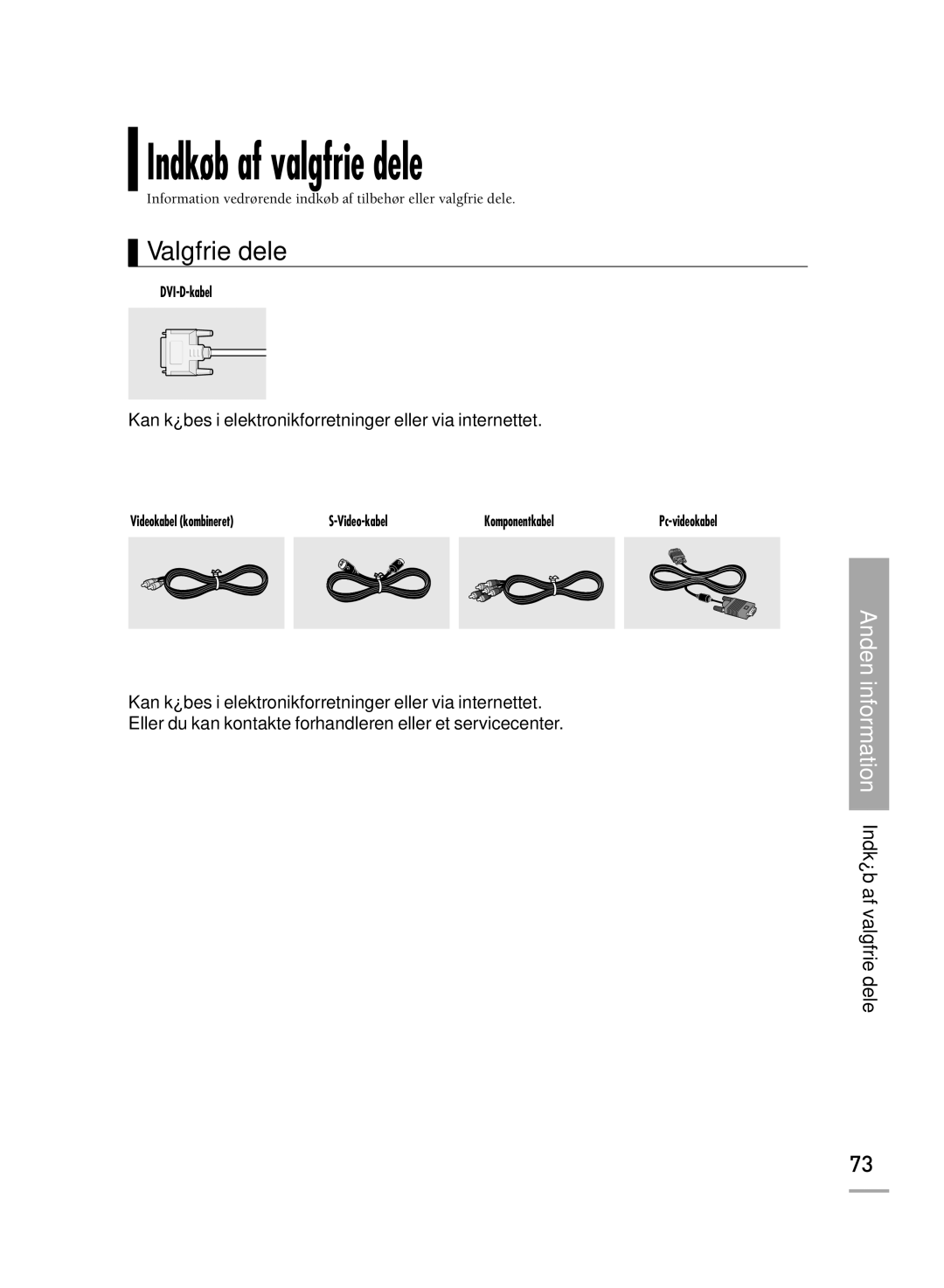 Samsung SPH710AEMX/EDC manual Indkøb af valgfrie dele, Valgfrie dele 