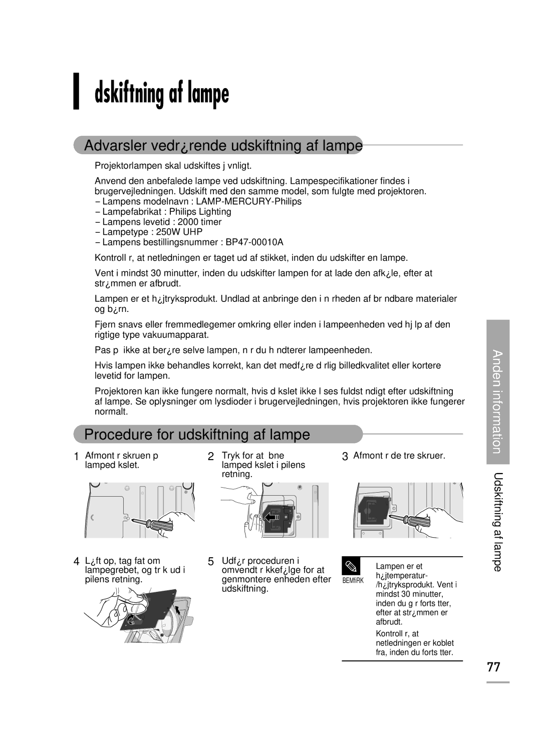 Samsung SPH710AEMX/EDC Udskiftning af lampe, Advarsler vedrørende udskiftning af lampe, Procedure for udskiftning af lampe 