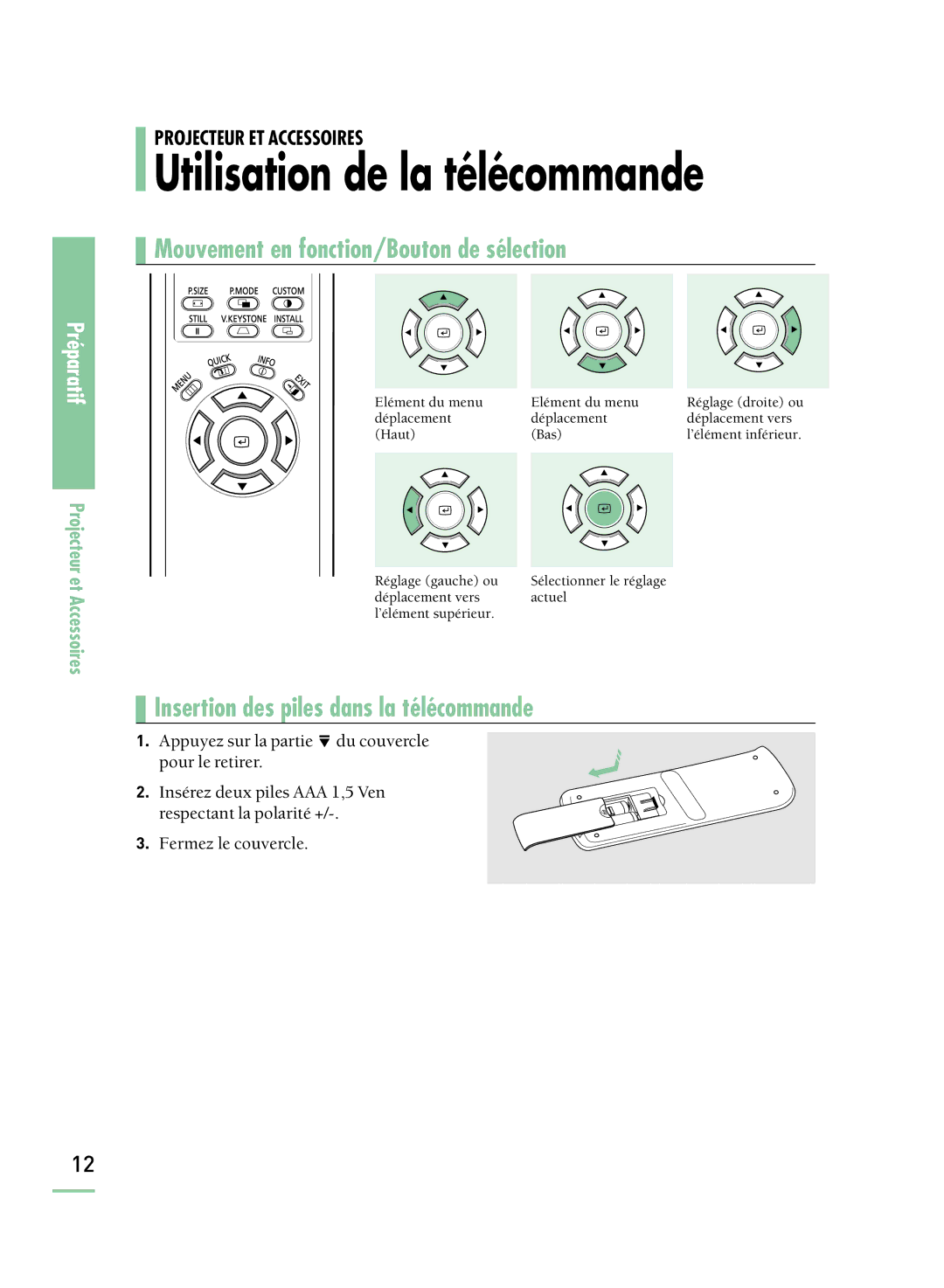 Samsung SPH800BEMX/EDC manual Utilisation de la télécommande, Mouvement en fonction/Bouton de sélection 