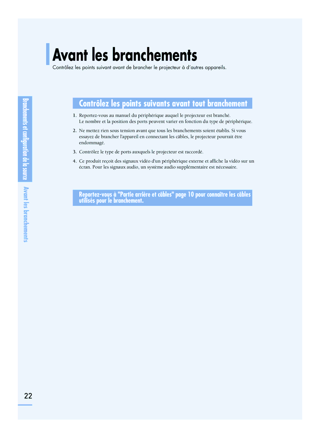 Samsung SPH800BEMX/EDC manual Avant les branchements, Contrôlez les points suivants avant tout branchement 