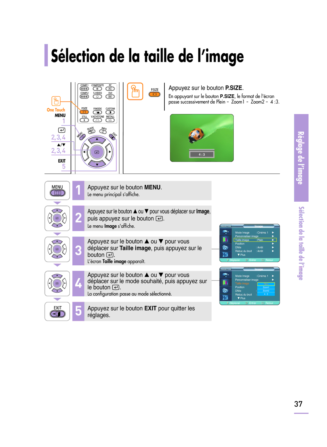 Samsung SPH800BEMX/EDC manual Sélection de la taille de l’image, Appuyez sur le bouton P.SIZE 