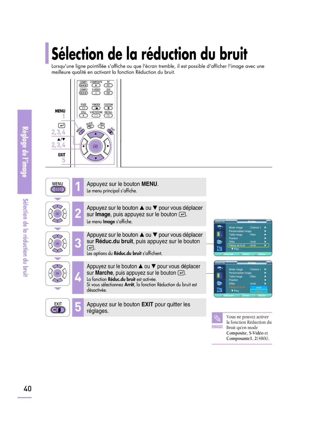 Samsung SPH800BEMX/EDC manual Sélection de la réduction du bruit 