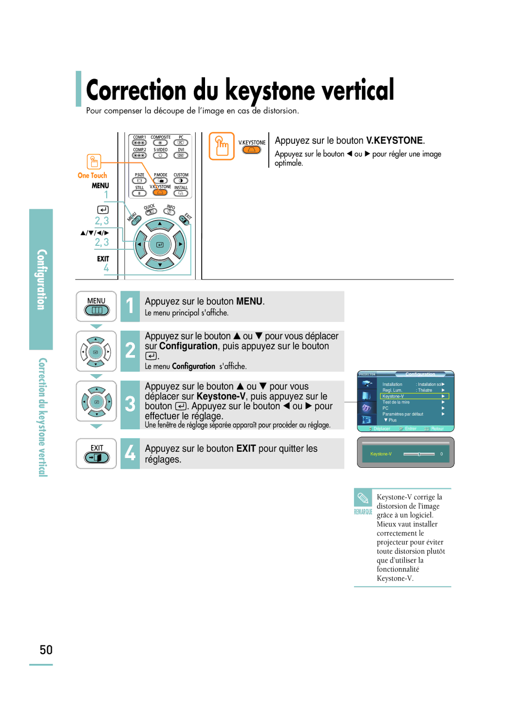 Samsung SPH800BEMX/EDC manual Correction du keystone vertical, Appuyez sur le bouton V.KEYSTONE 