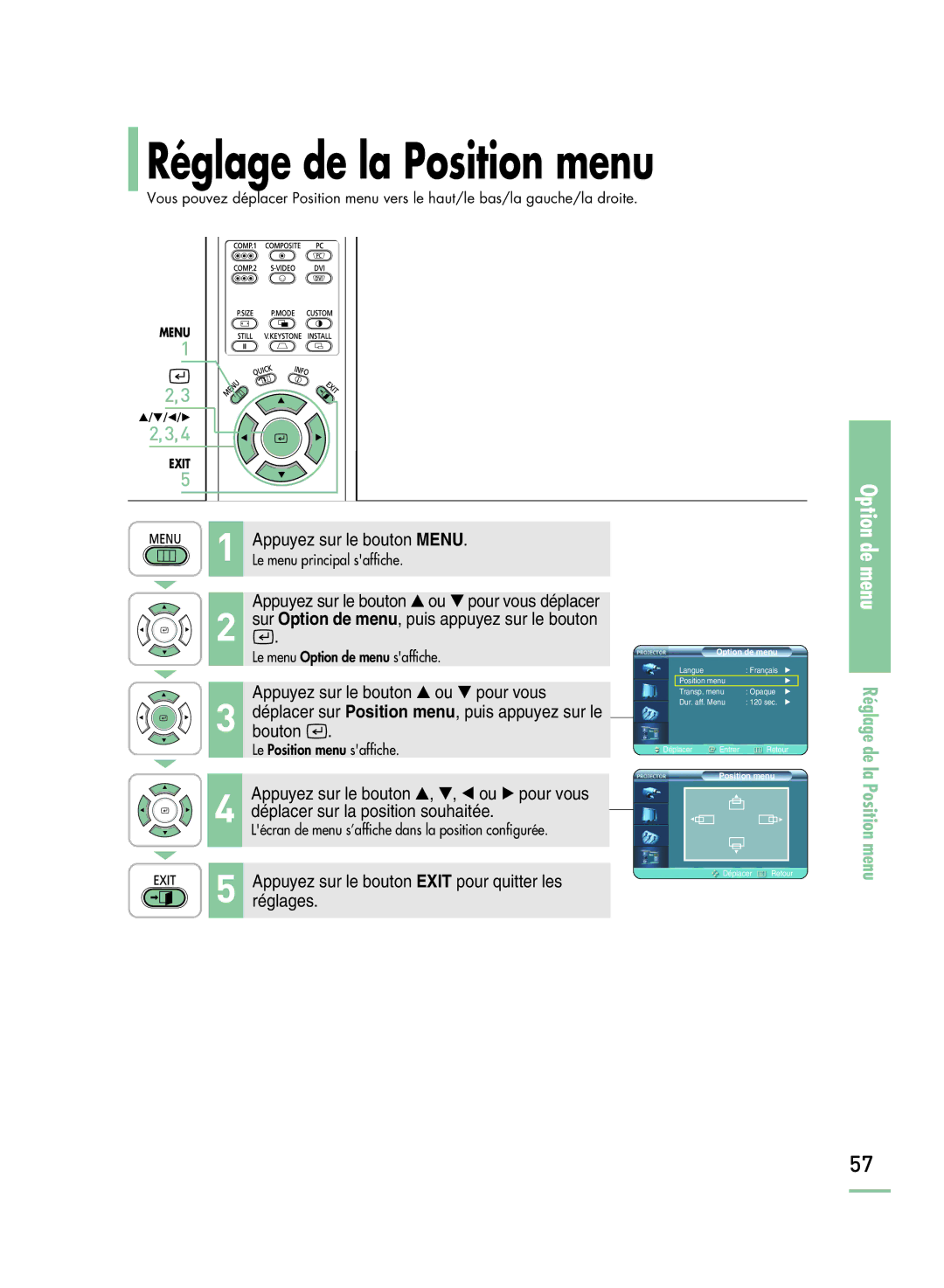 Samsung SPH800BEMX/EDC manual Réglage de la Position menu, Sur Option de menu, puis appuyez sur le bouton 