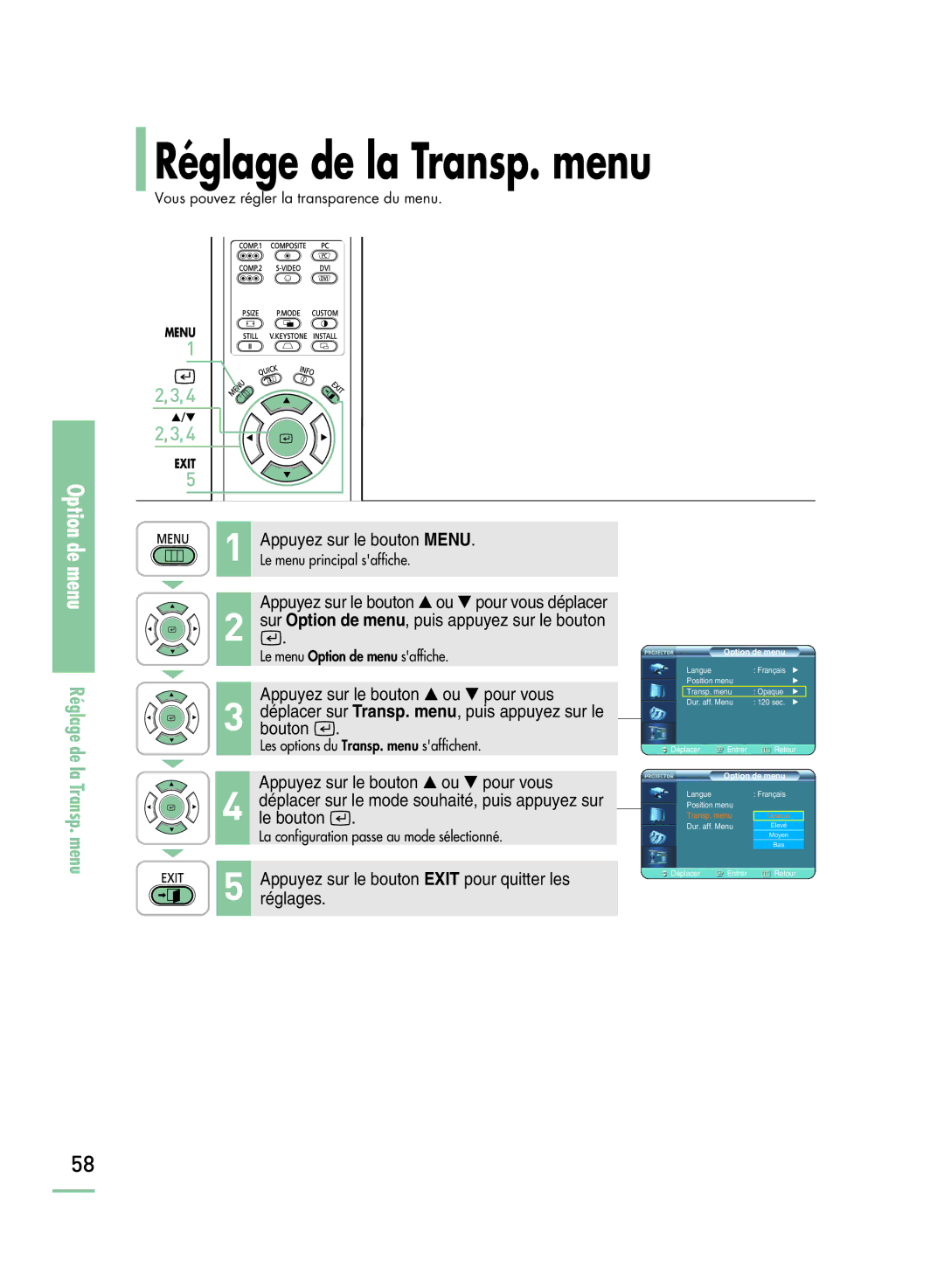 Samsung SPH800BEMX/EDC manual Réglage de la Transp. menu 