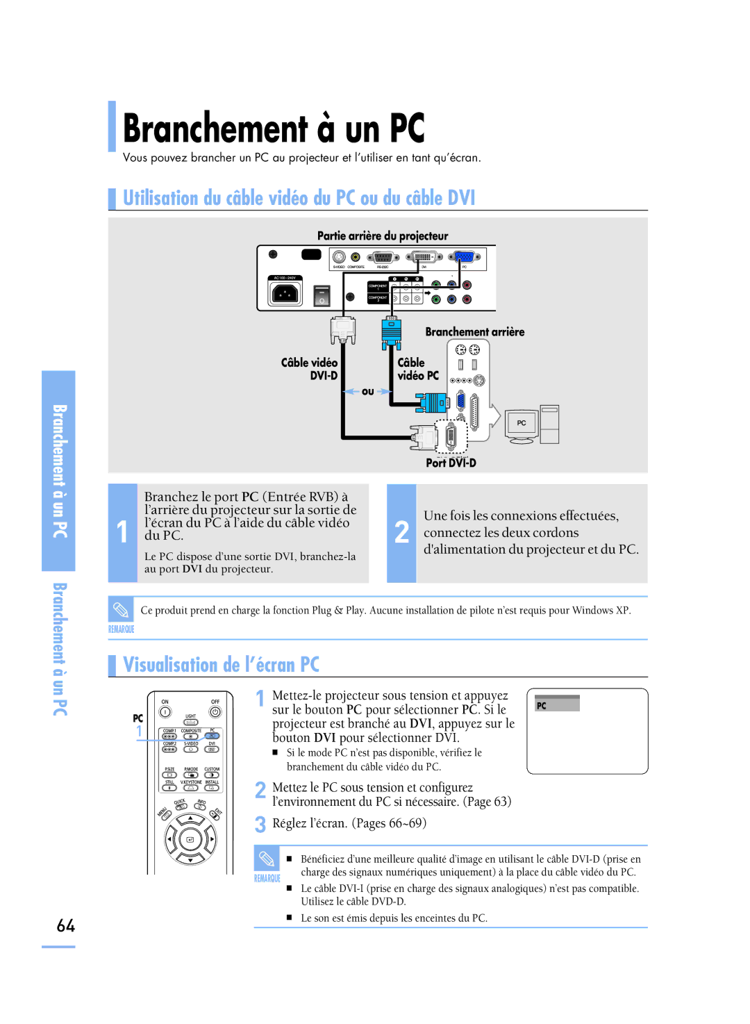 Samsung SPH800BEMX/EDC manual Branchement à un PC, Utilisation du câble vidéo du PC ou du câble DVI 