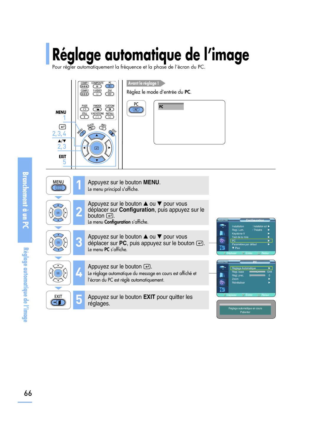 Samsung SPH800BEMX/EDC manual Branchement à un PC Réglage automatique de l’image 