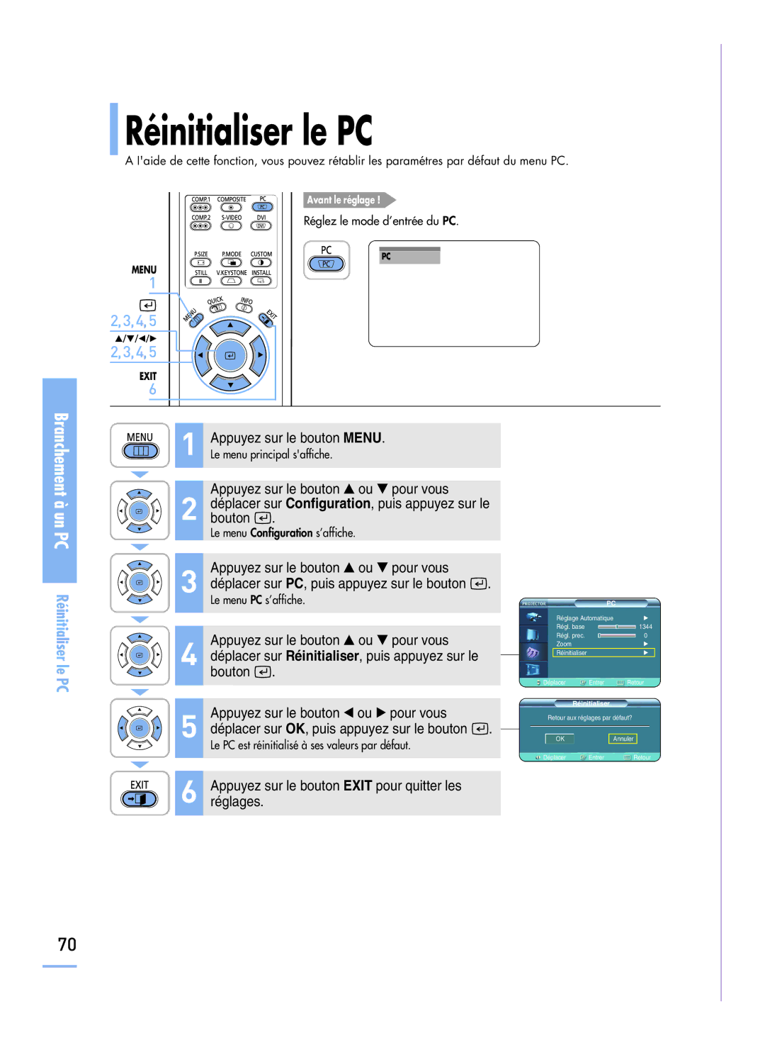 Samsung SPH800BEMX/EDC manual Réinitialiser le PC, Appuyez sur le bouton œ ou √ pour vous 