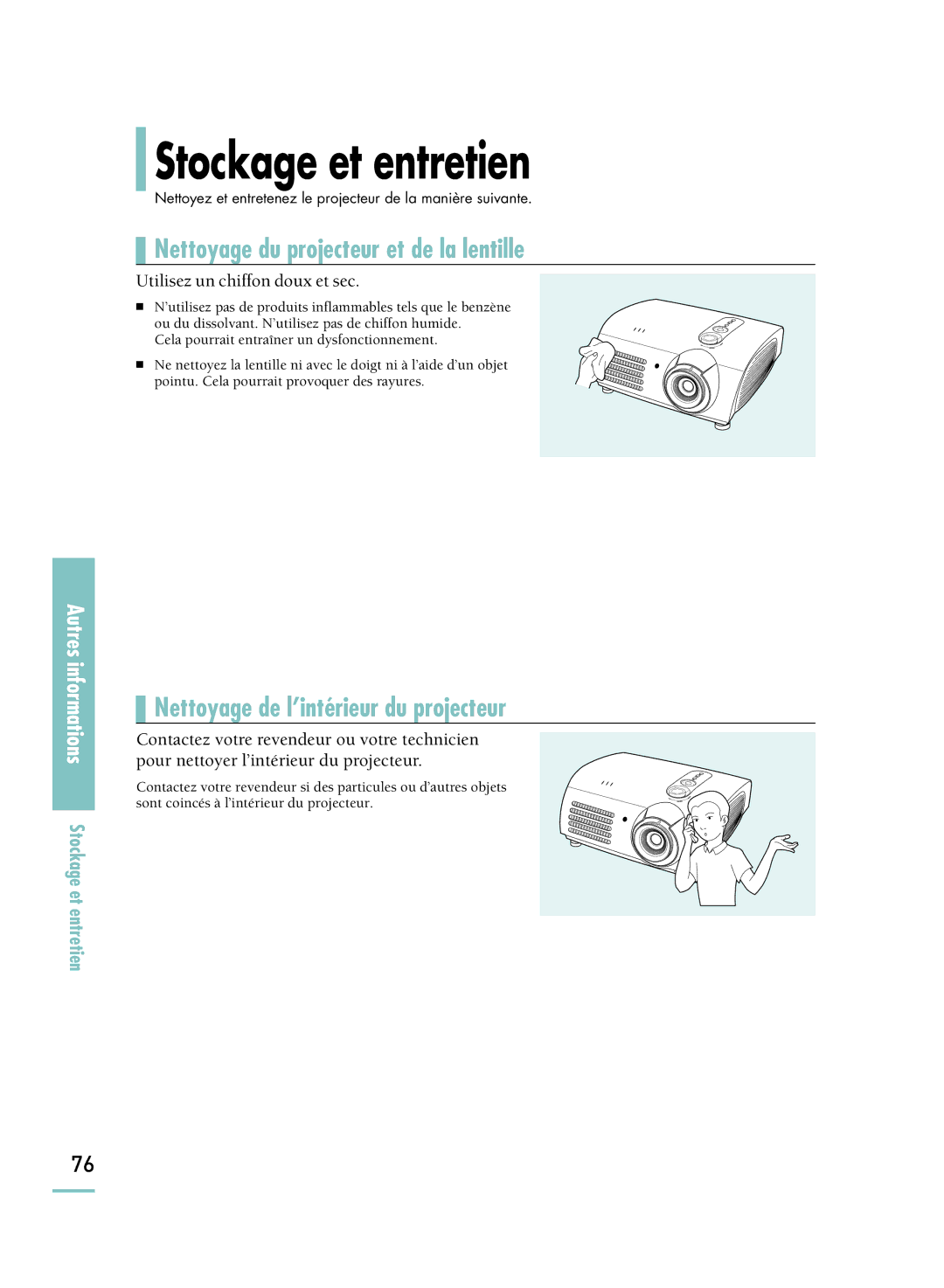 Samsung SPH800BEMX/EDC manual Stockage et entretien, Nettoyage du projecteur et de la lentille 