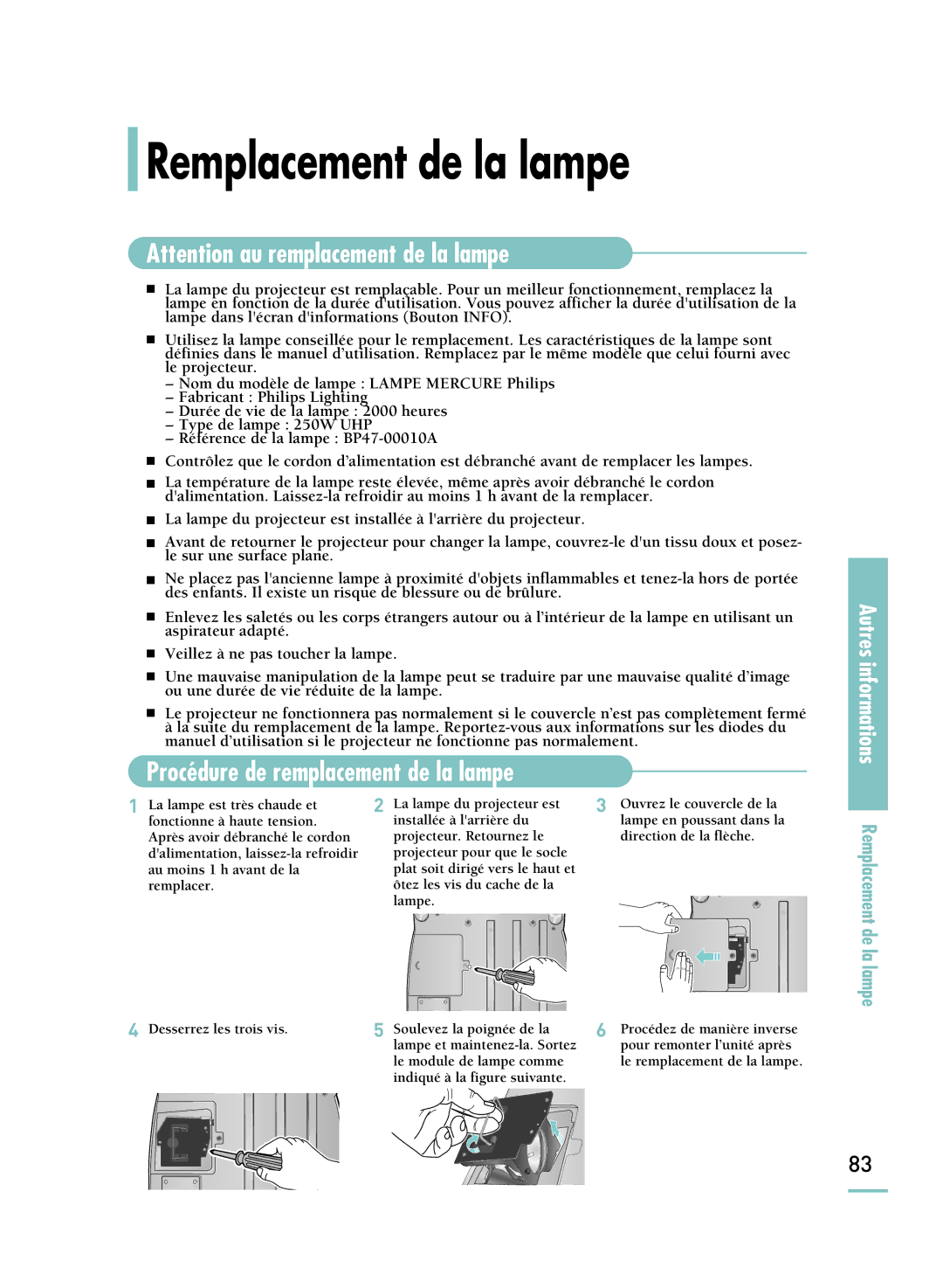 Samsung SPH800BEMX/EDC manual Remplacement de la lampe, Procédure de remplacement de la lampe 