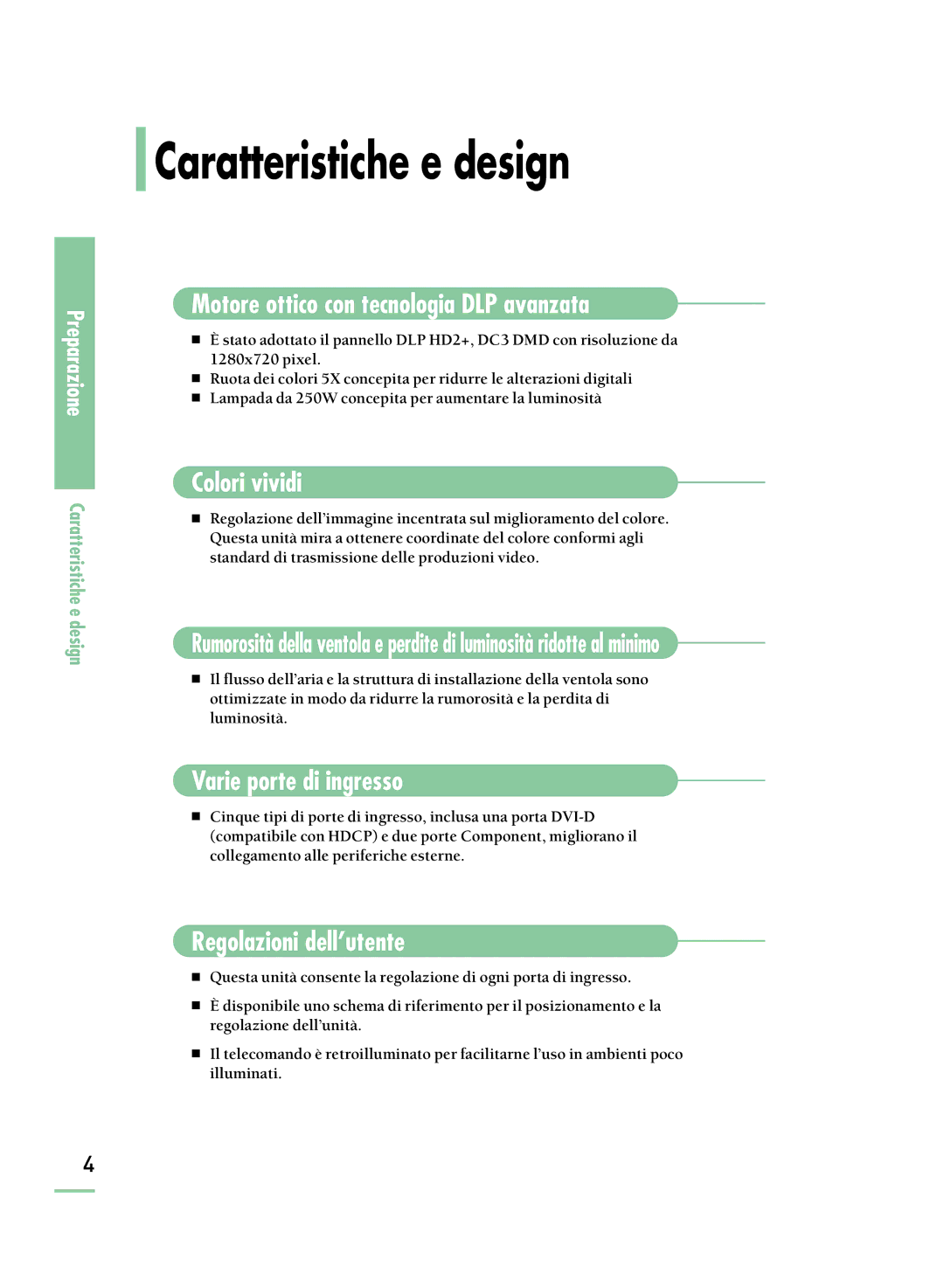 Samsung SPH800BEMX/EDC manual Caratteristiche e design, Motore ottico con tecnologia DLP avanzata 