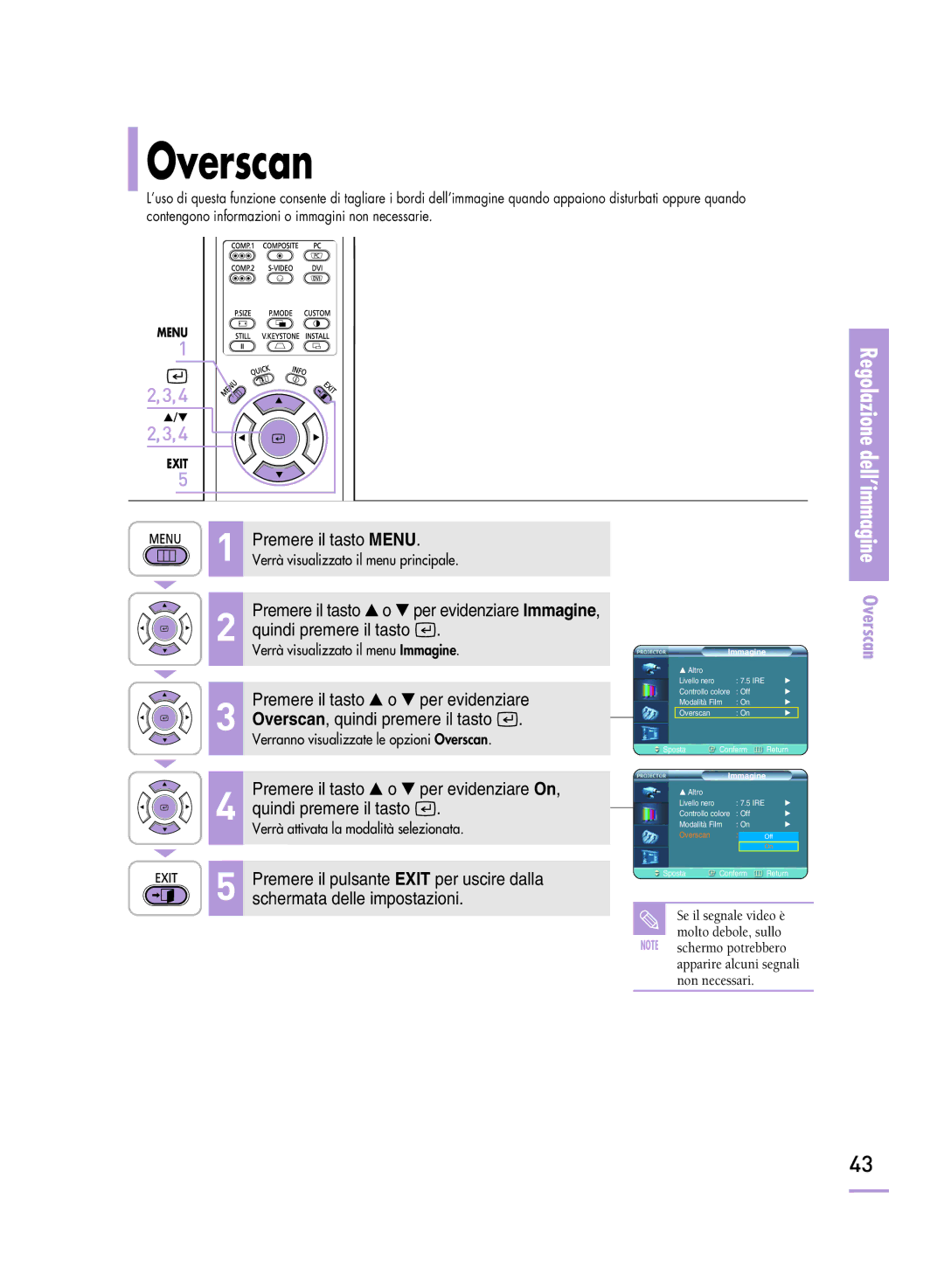 Samsung SPH800BEMX/EDC manual Overscan, Premere il tasto o per evidenziare 