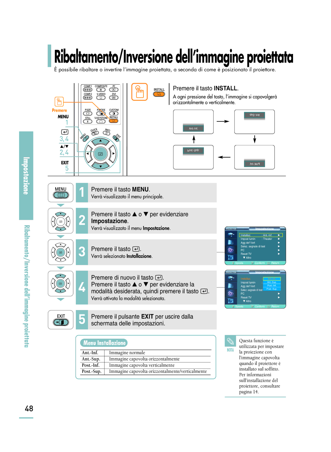 Samsung SPH800BEMX/EDC manual Ribaltamento/Inversione dell’immagine proiettata, Menu Installazione 